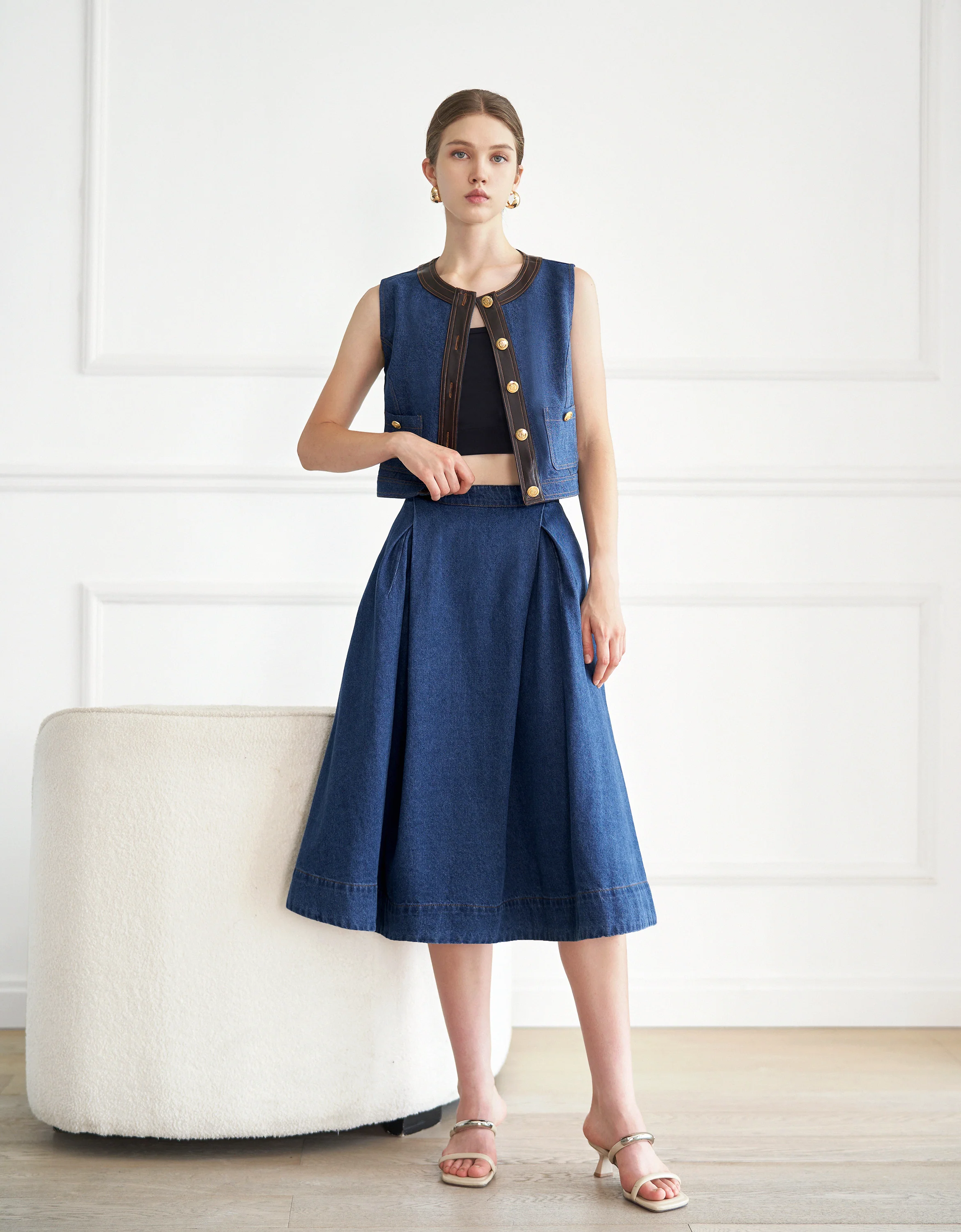 Pleated Midi Denim Skirt - Image 2