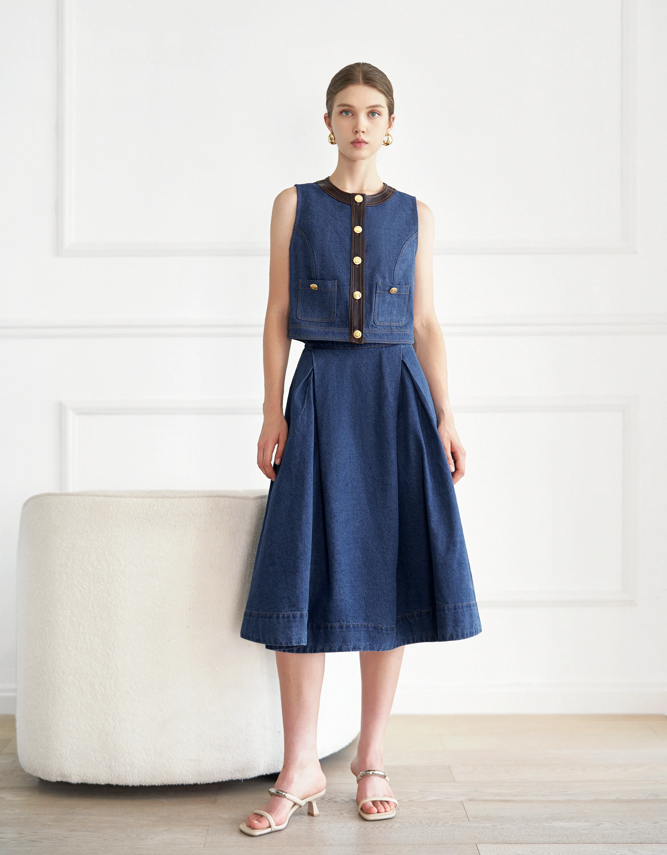 Pleated Midi Denim Skirt - Image 3