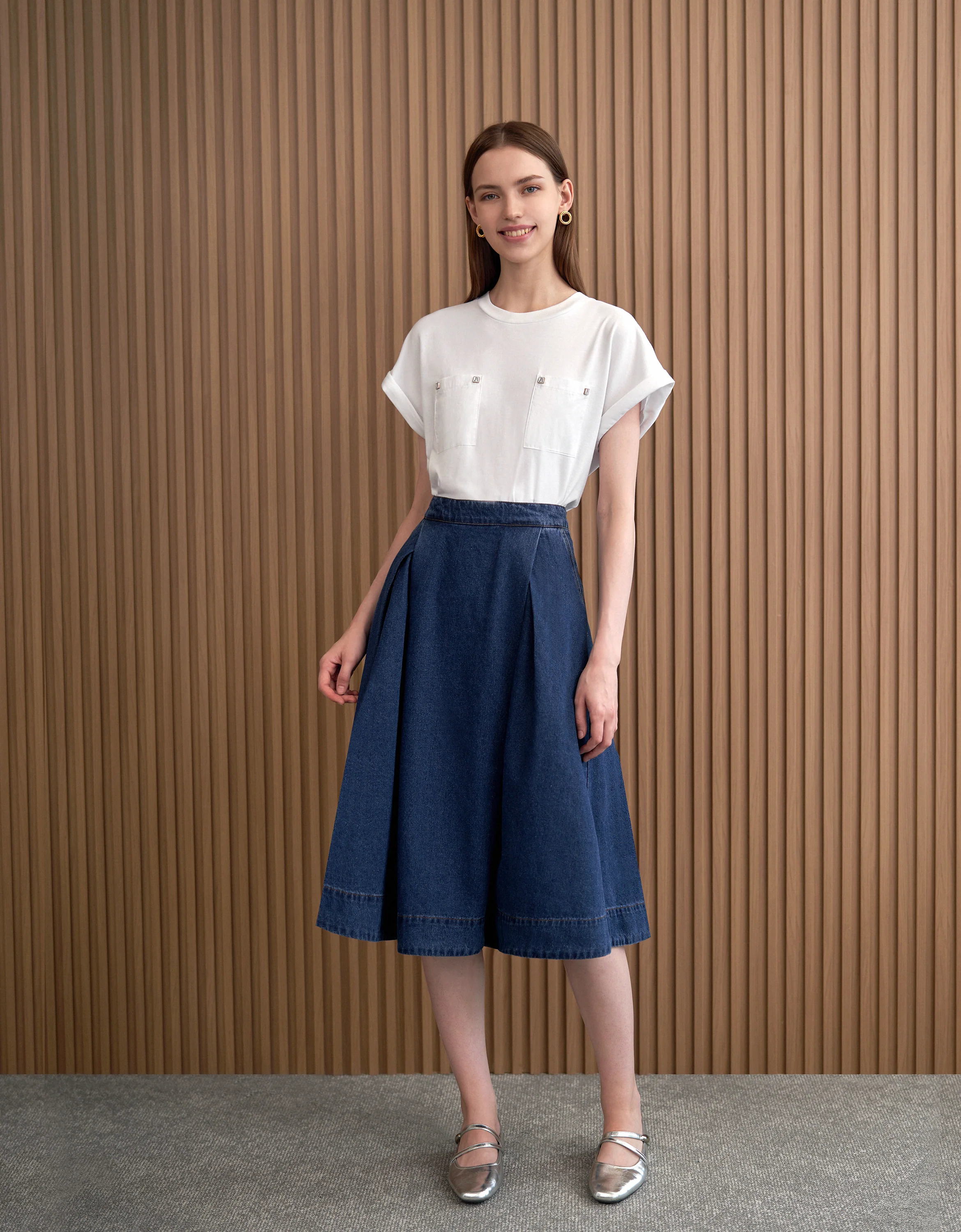 Pleated Midi Denim Skirt - Image 7