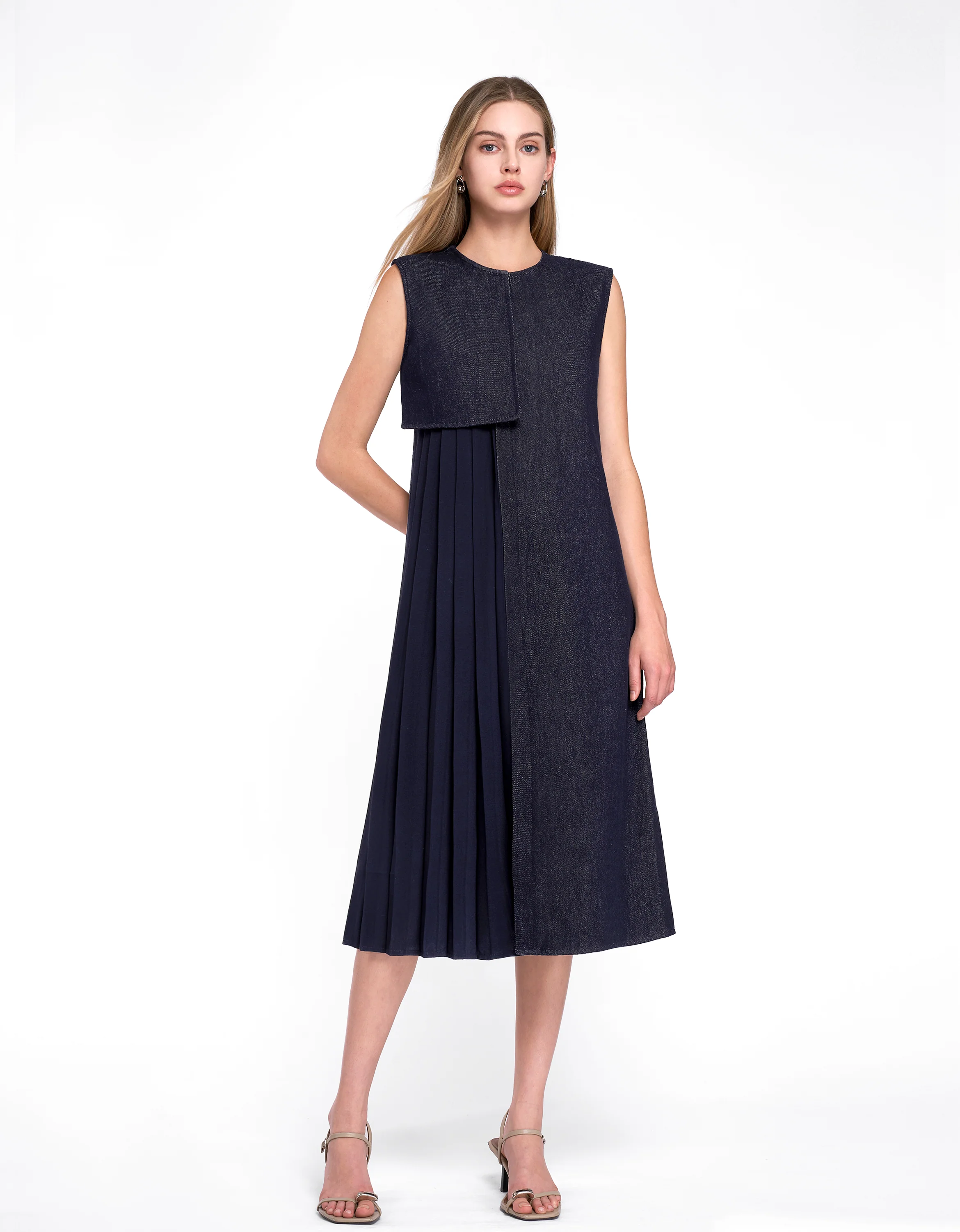 Pleated Panel Denim Midi Dress - Image 10