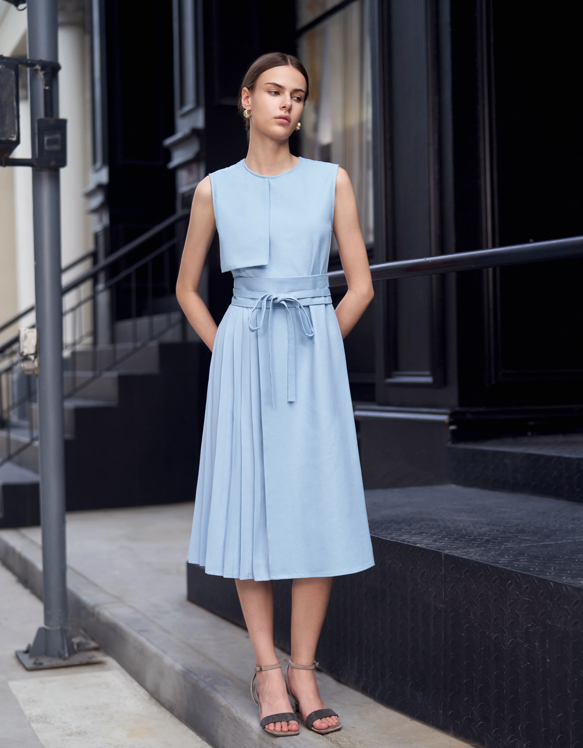 Pleated Panel Denim Midi Dress - Image 21