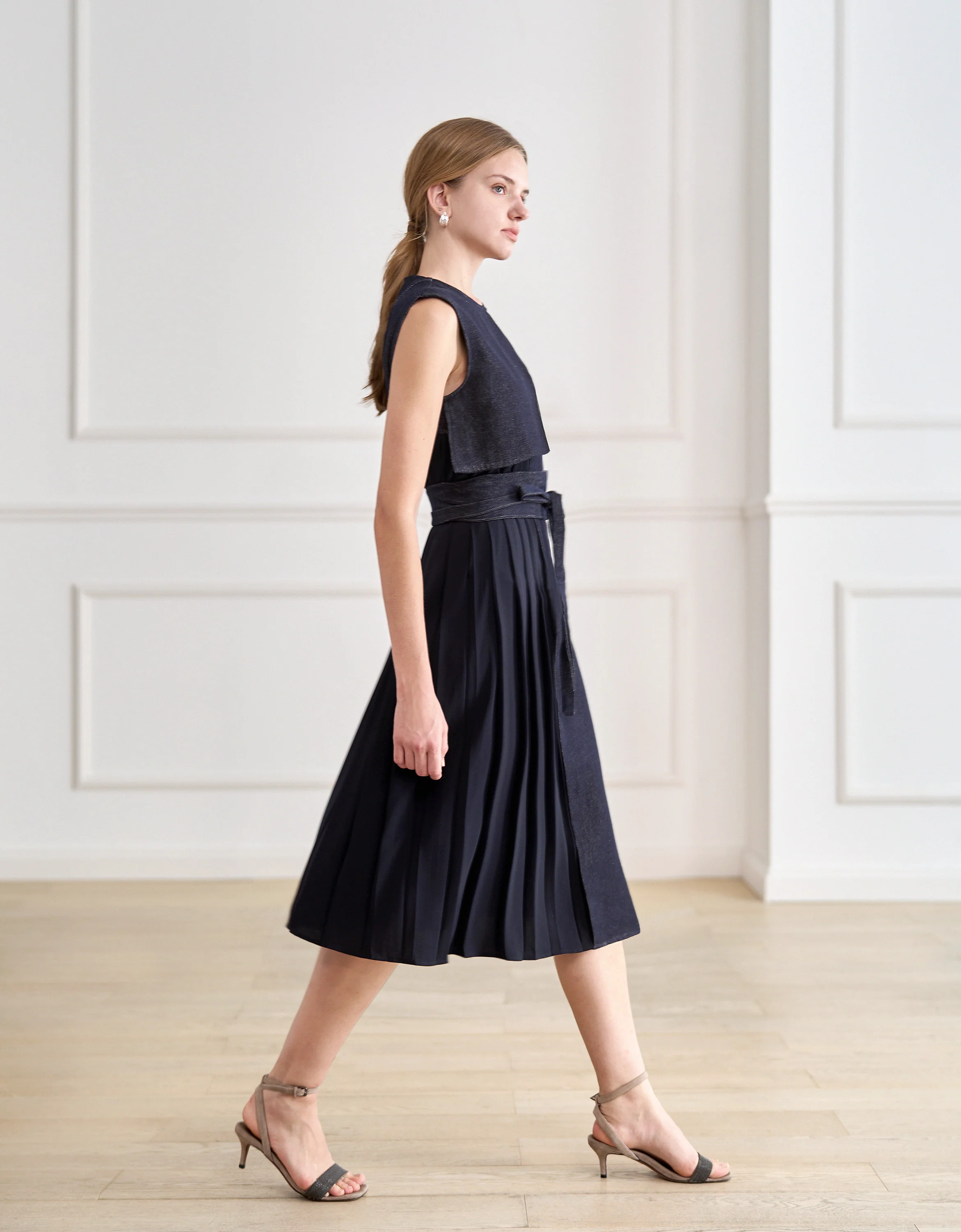Pleated Panel Denim Midi Dress - Image 3