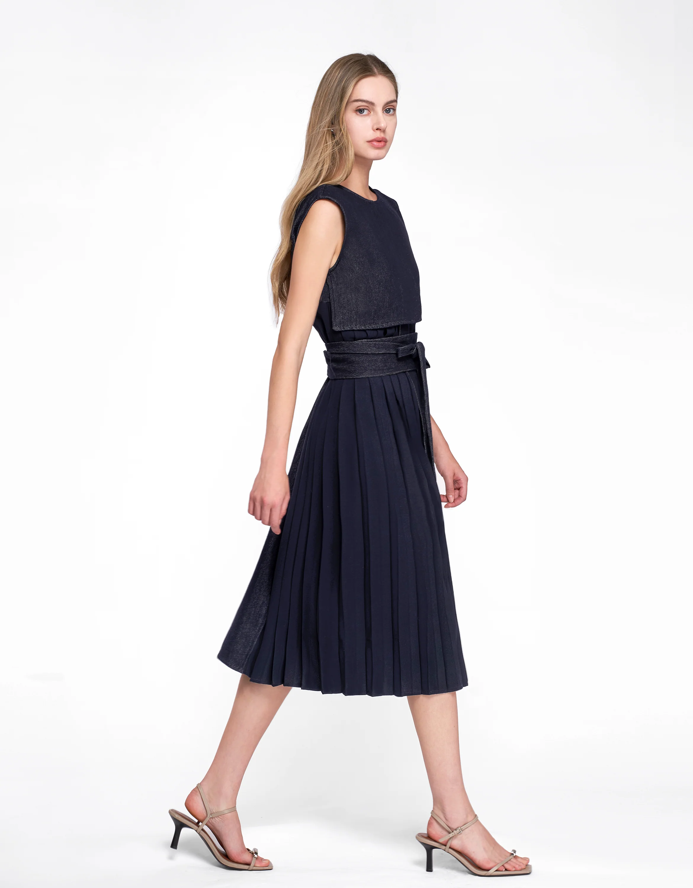 Pleated Panel Denim Midi Dress - Image 6
