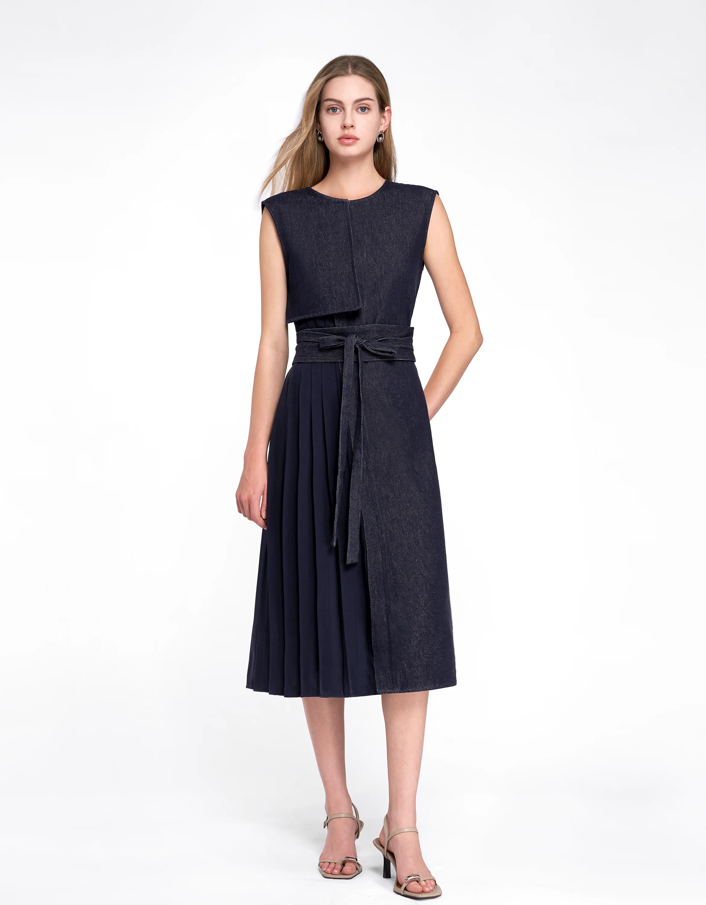Pleated Panel Denim Midi Dress - Image 8