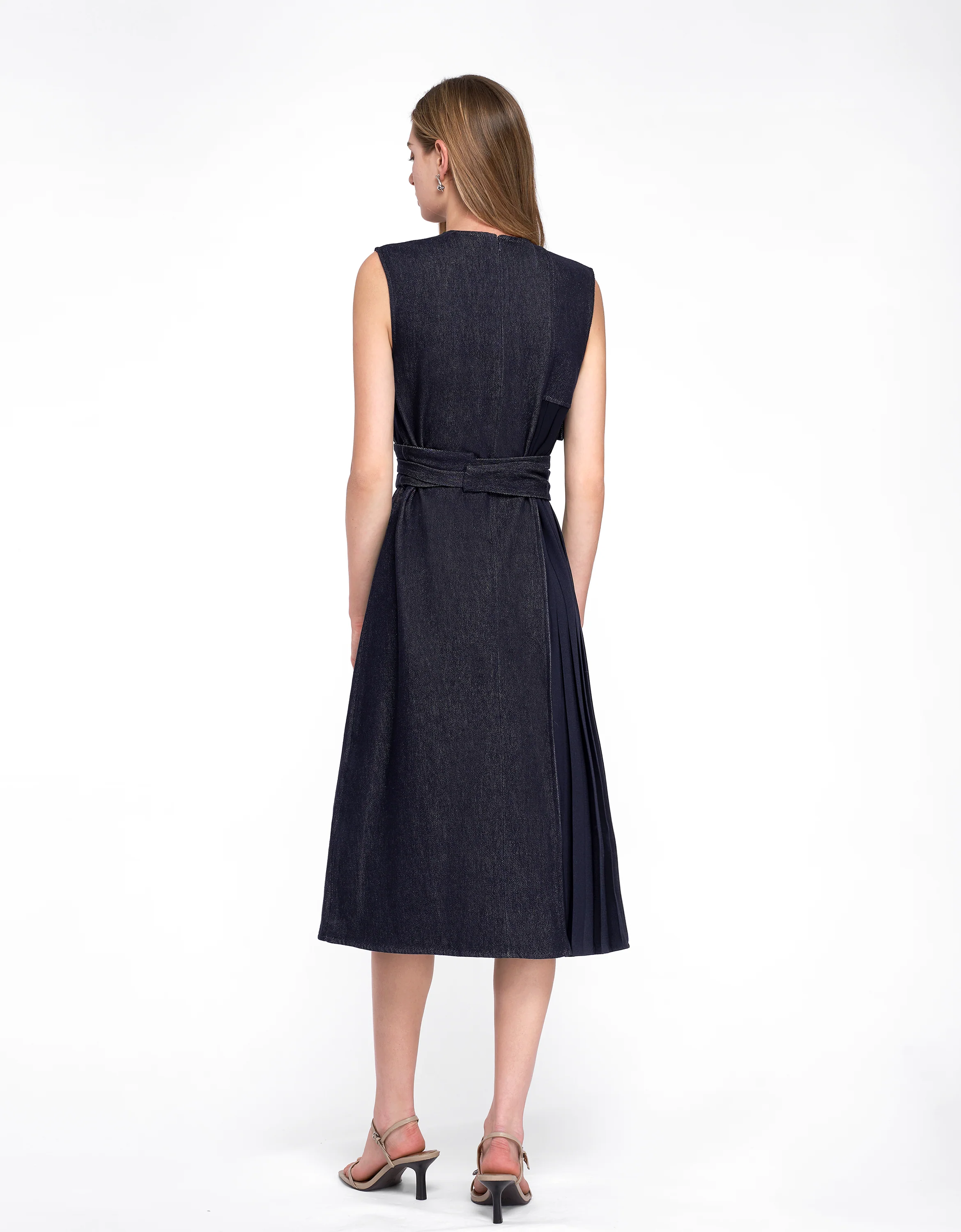 Pleated Panel Denim Midi Dress - Image 9