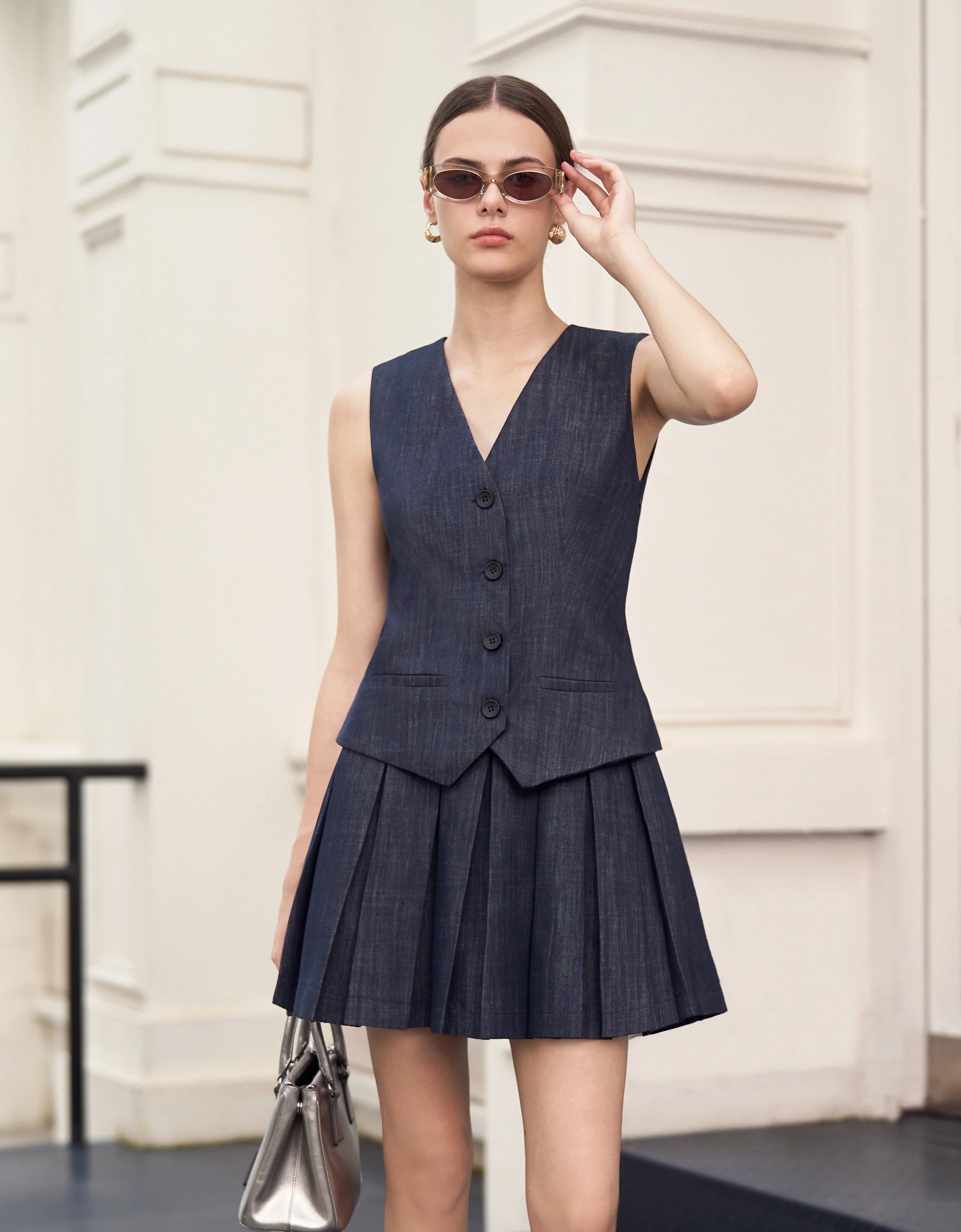 Pleated Skirt Denim Vest Dress - Image 3