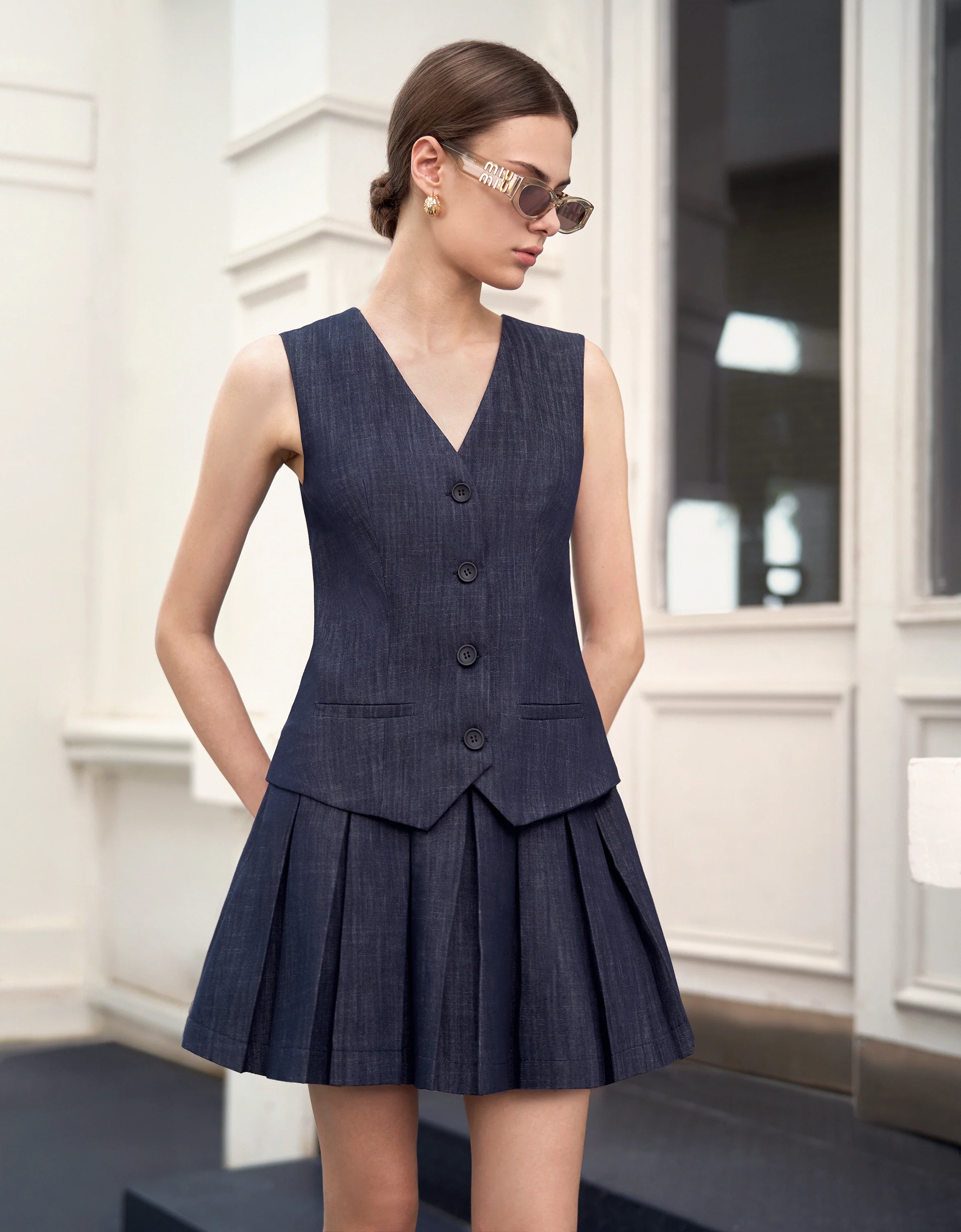 Pleated Skirt Denim Vest Dress - Image 4