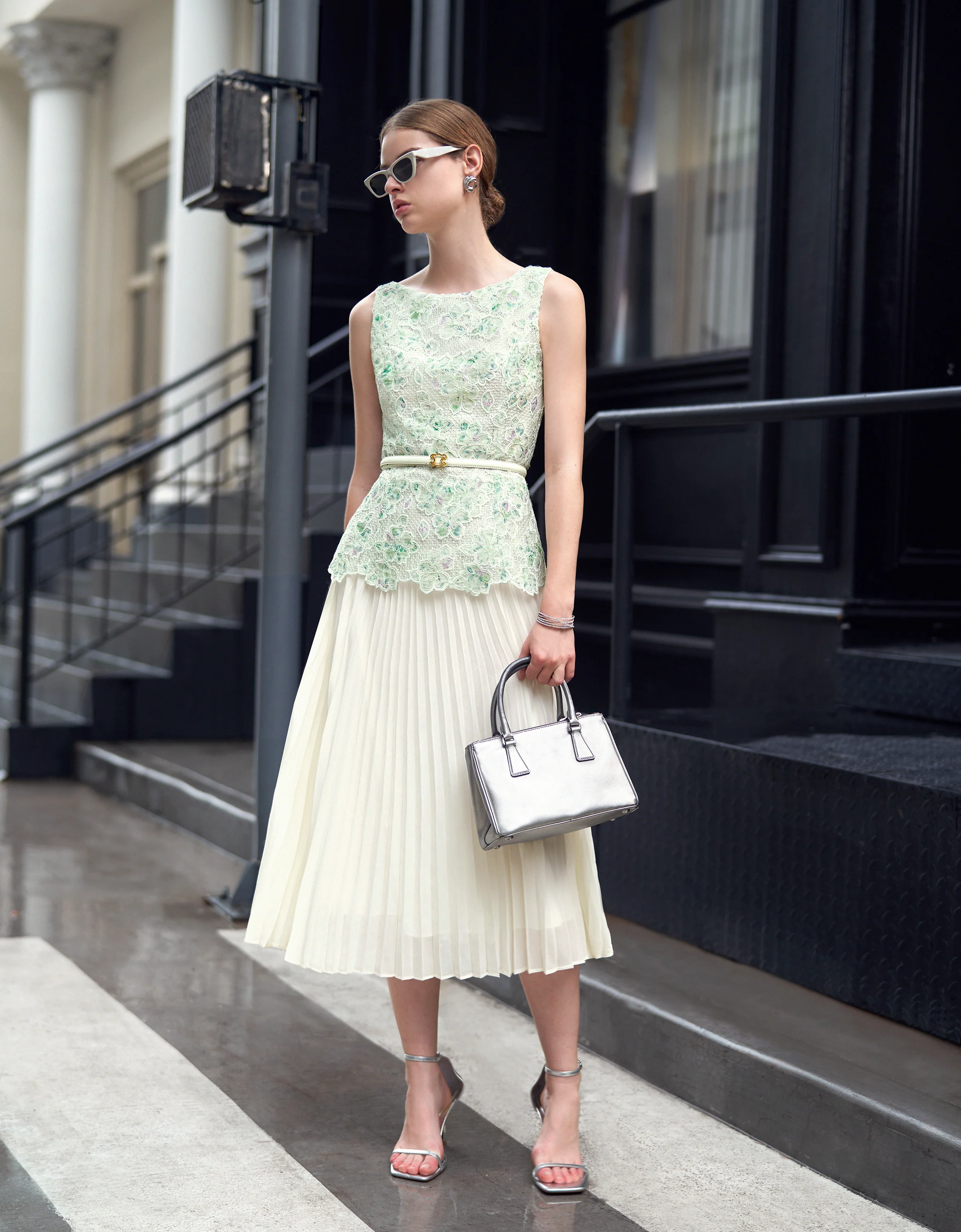 Pleated Skirt Two-tone Embroidered Dress - Image 20