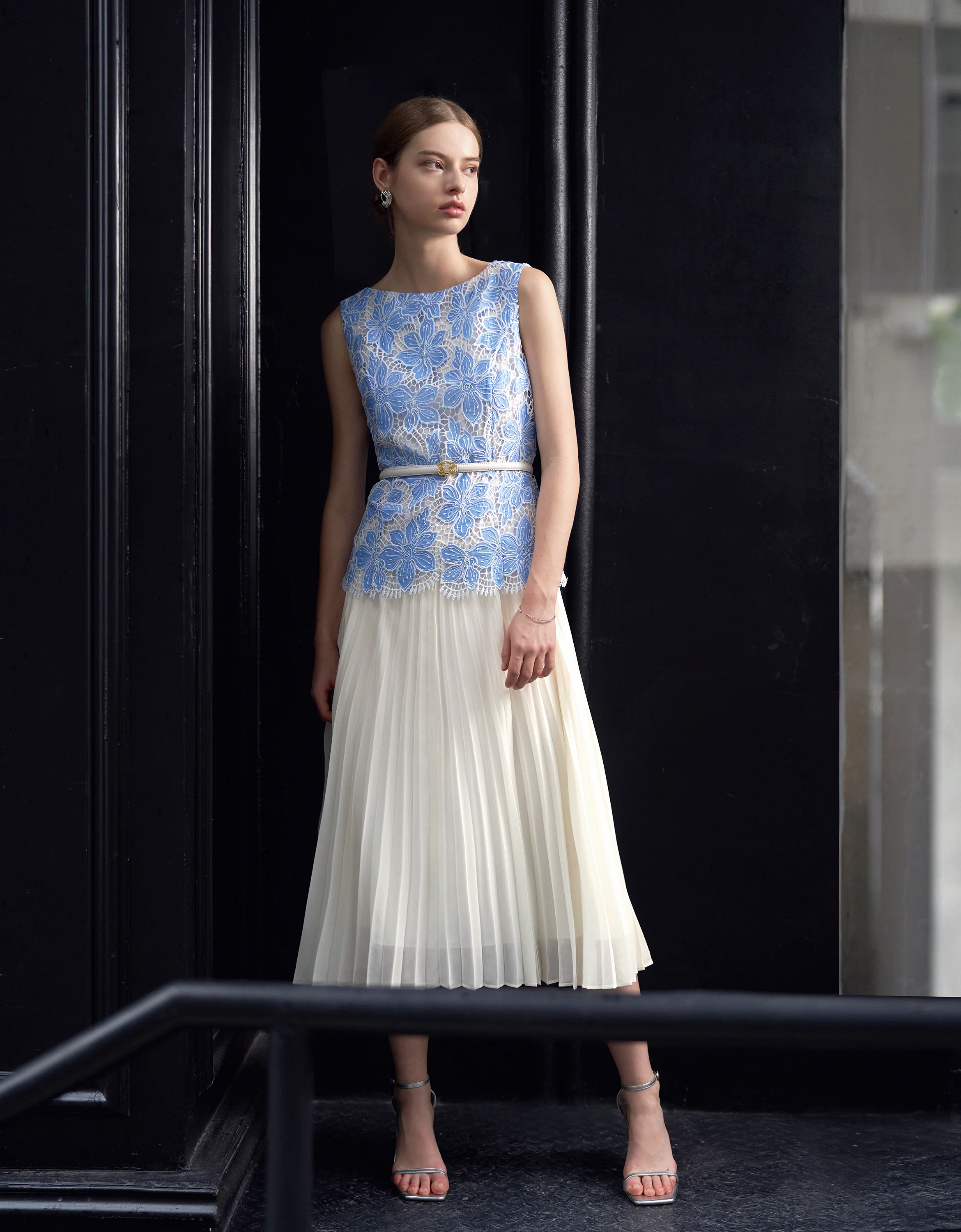 Pleated Skirt Two-tone Embroidered Dress - Image 4