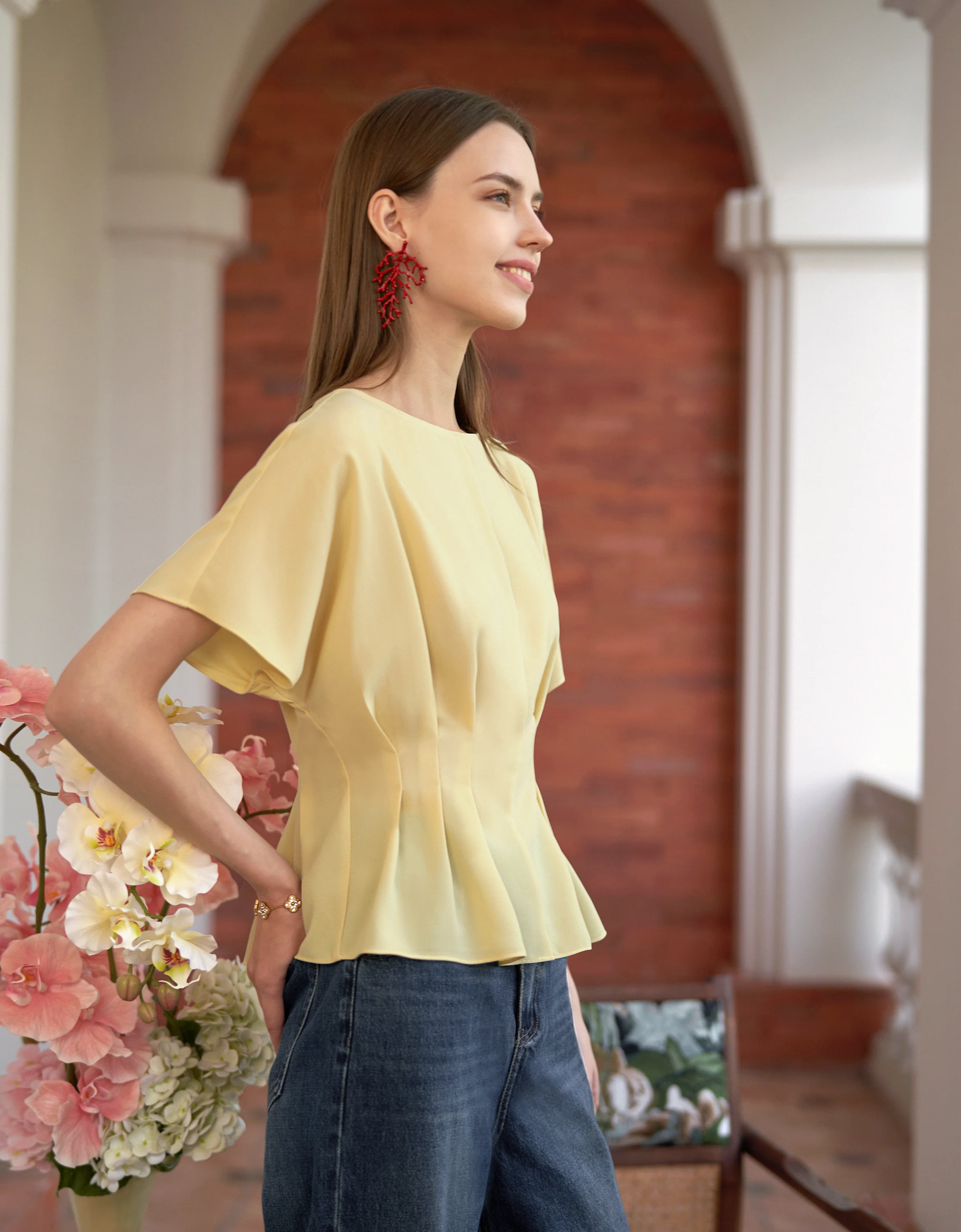 Pleated Waist Round Neck Short Sleeve Top - Image 10