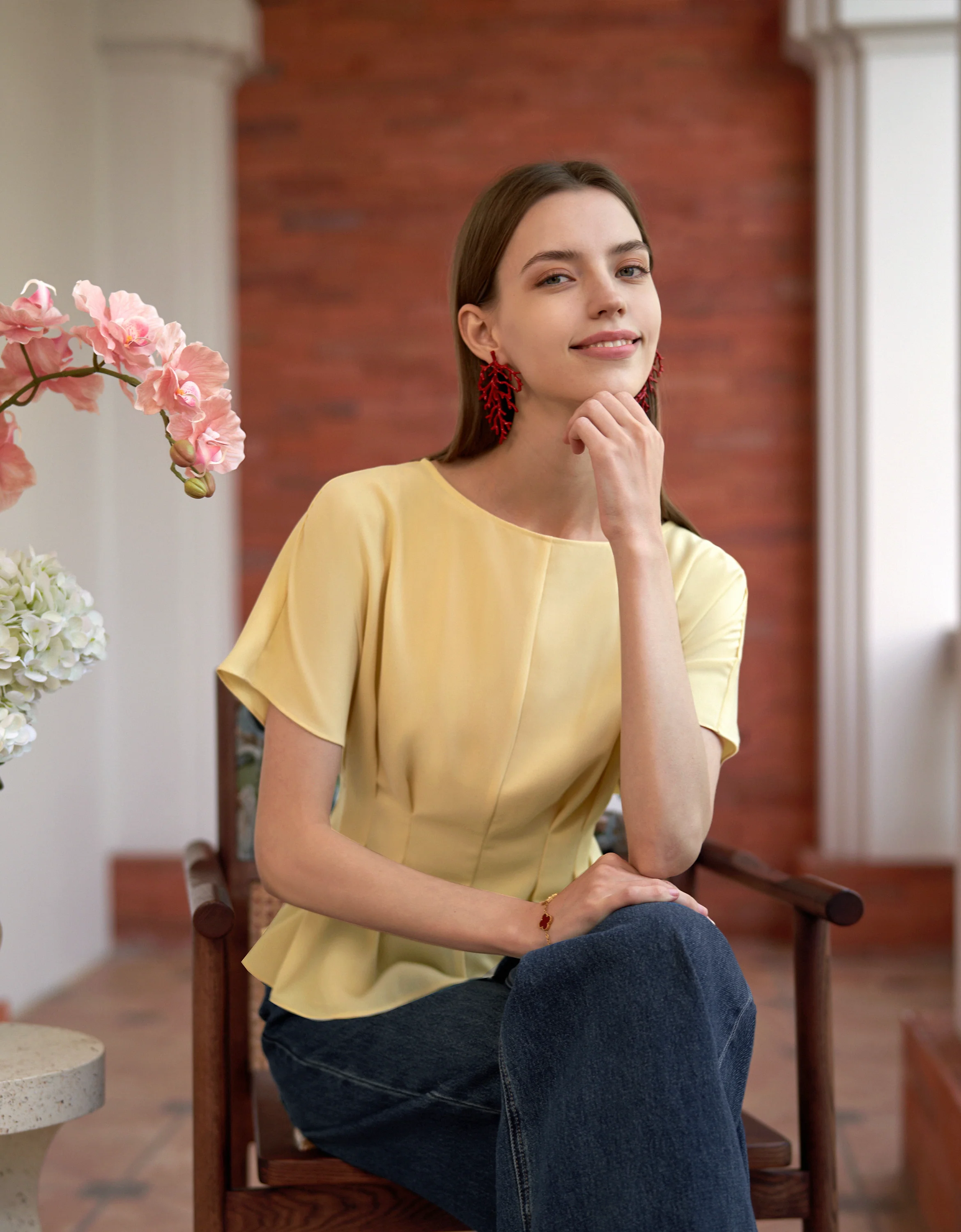 Pleated Waist Round Neck Short Sleeve Top - Image 12