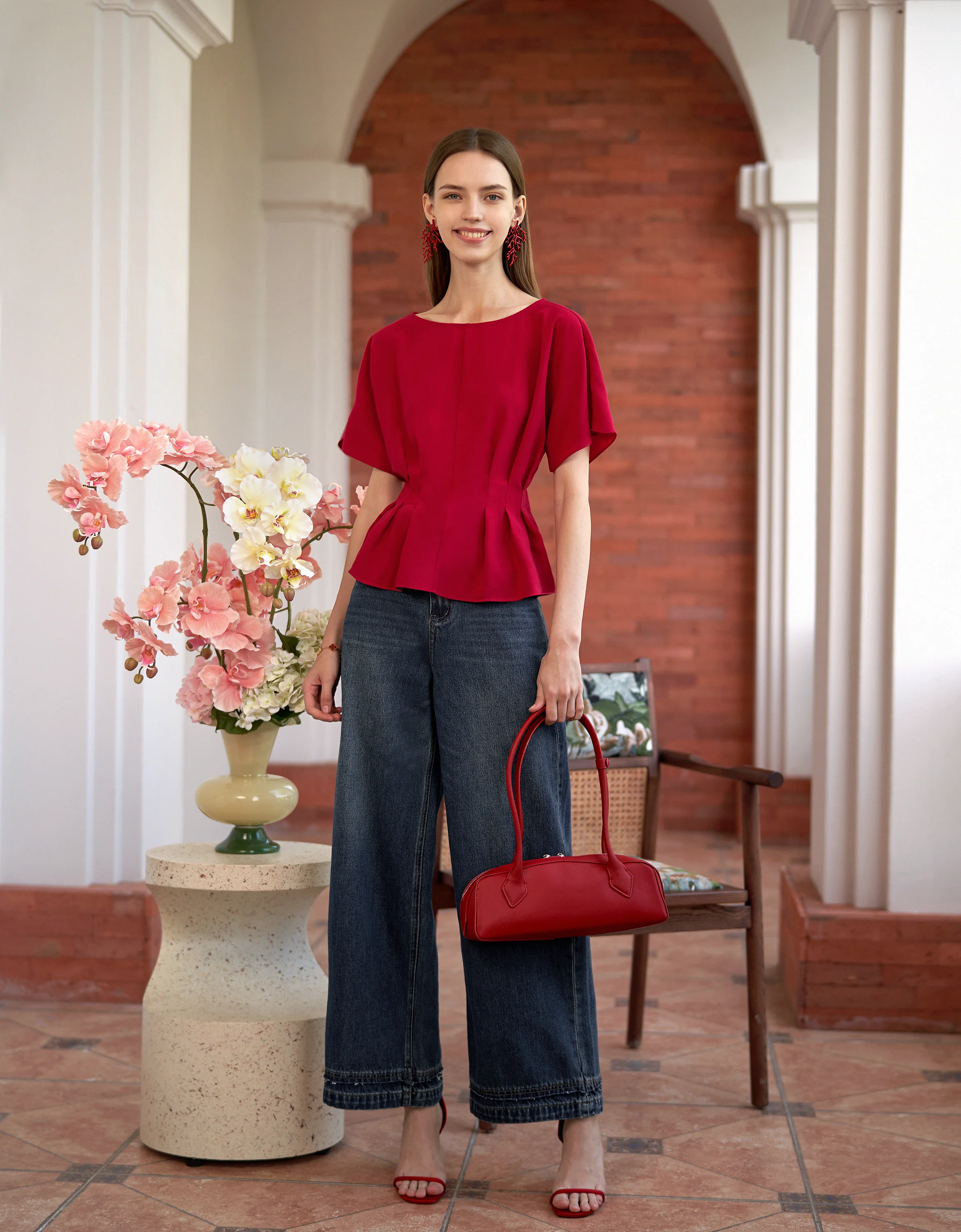 Pleated Waist Round Neck Short Sleeve Top - Image 3