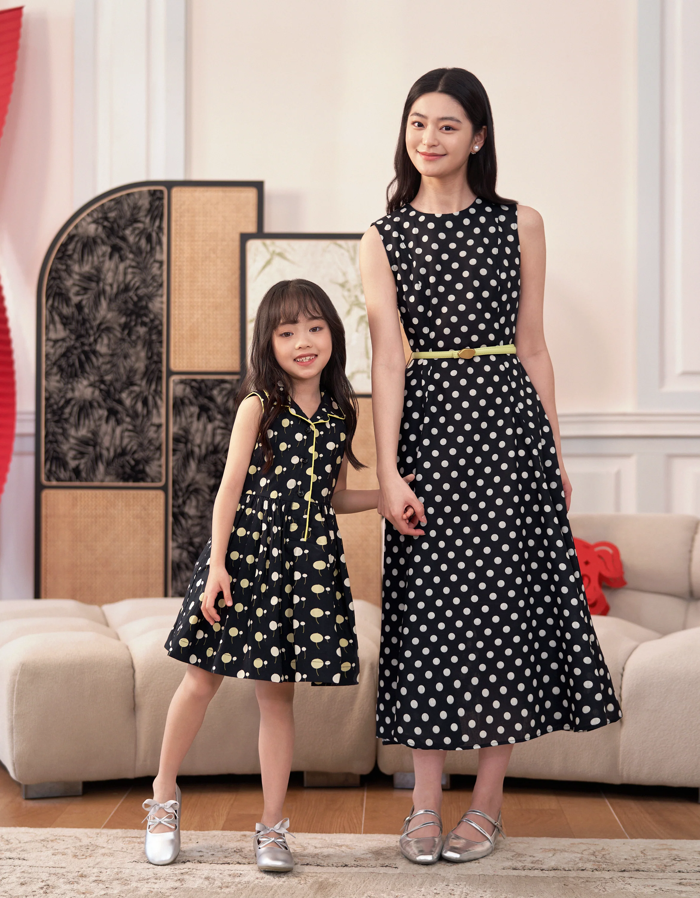 Polka Dot Cherry Print Collared Sleeveless Dress - Image 3