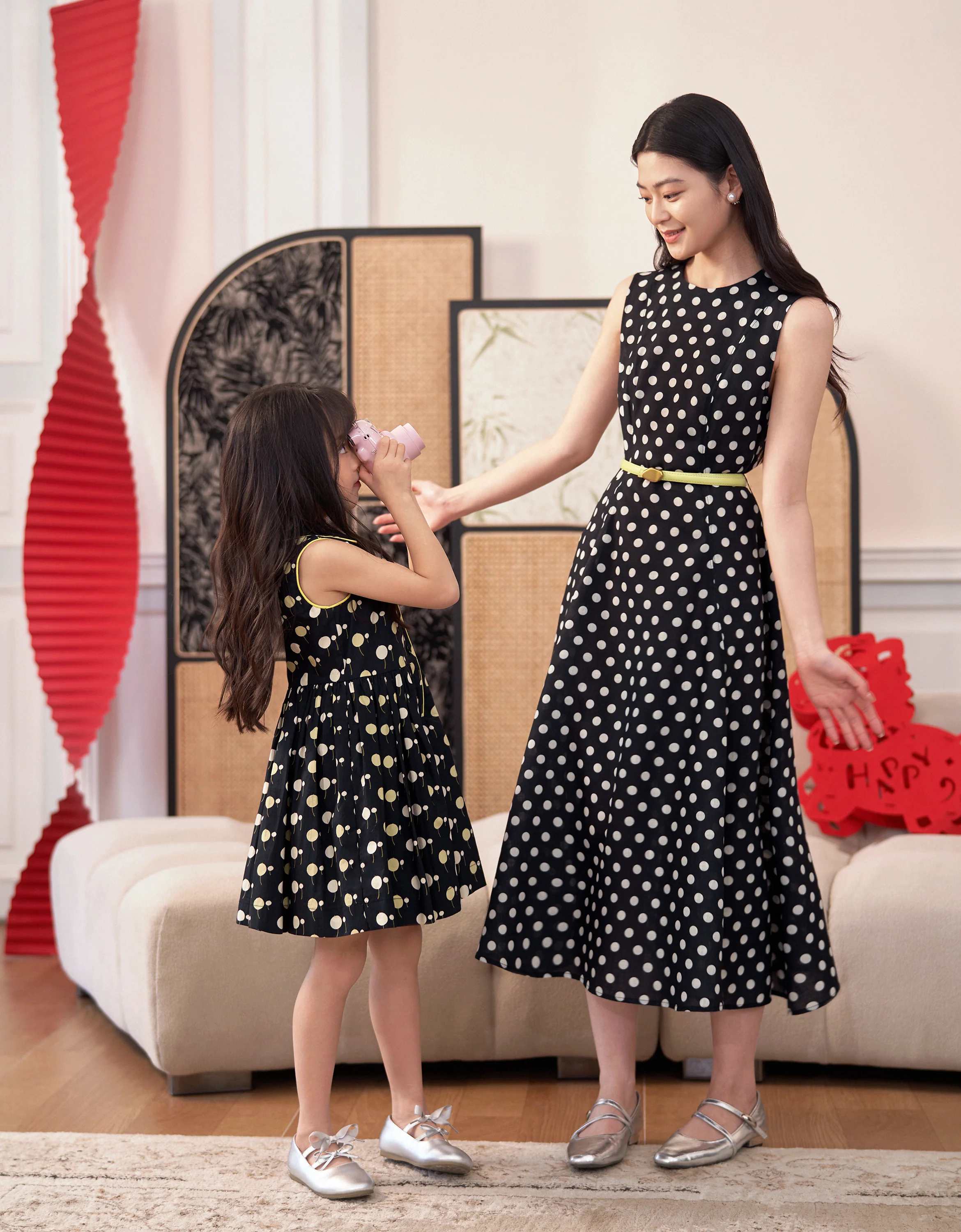 Polka Dot Cherry Print Collared Sleeveless Dress - Image 4
