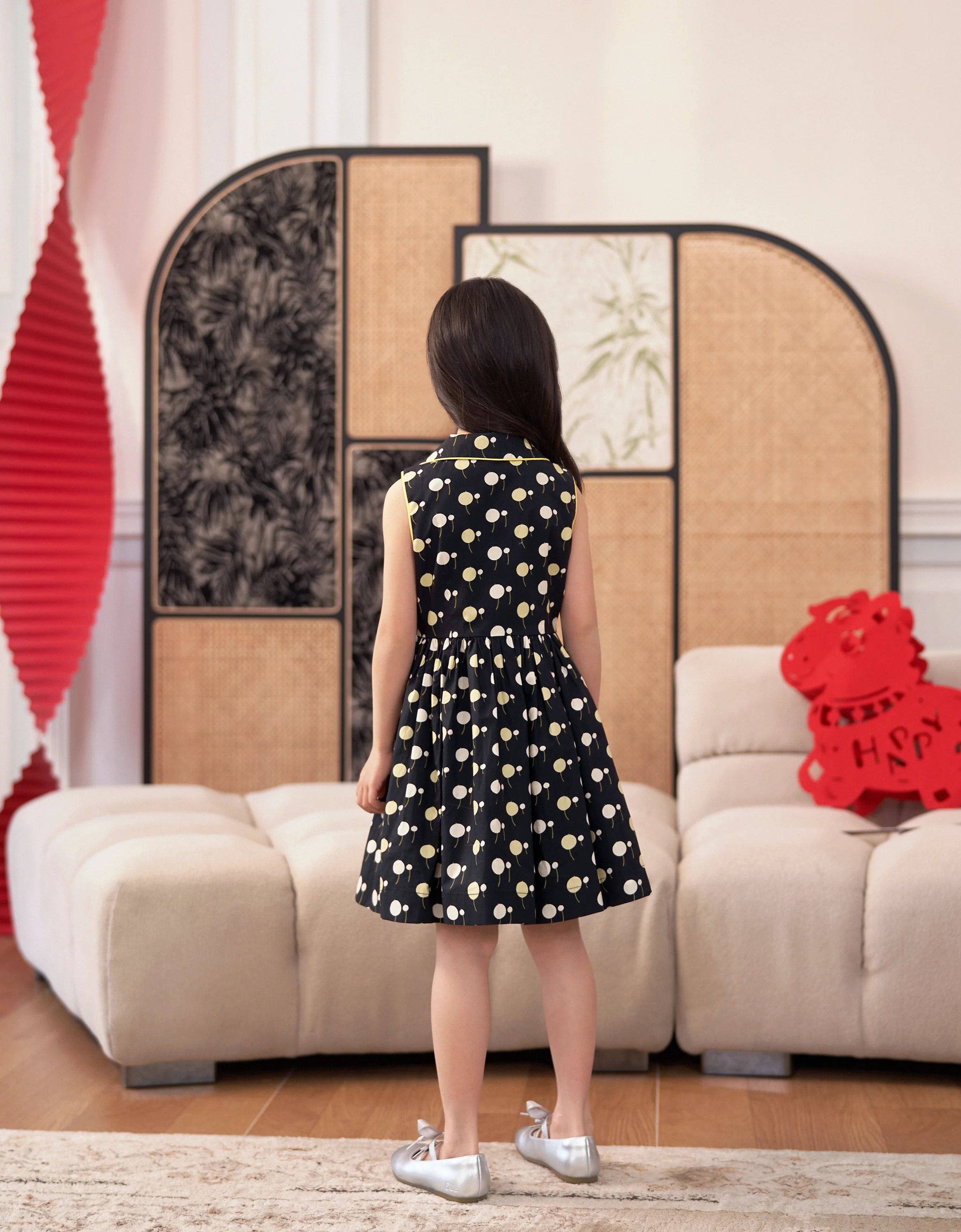 Polka Dot Cherry Print Collared Sleeveless Dress - Image 5