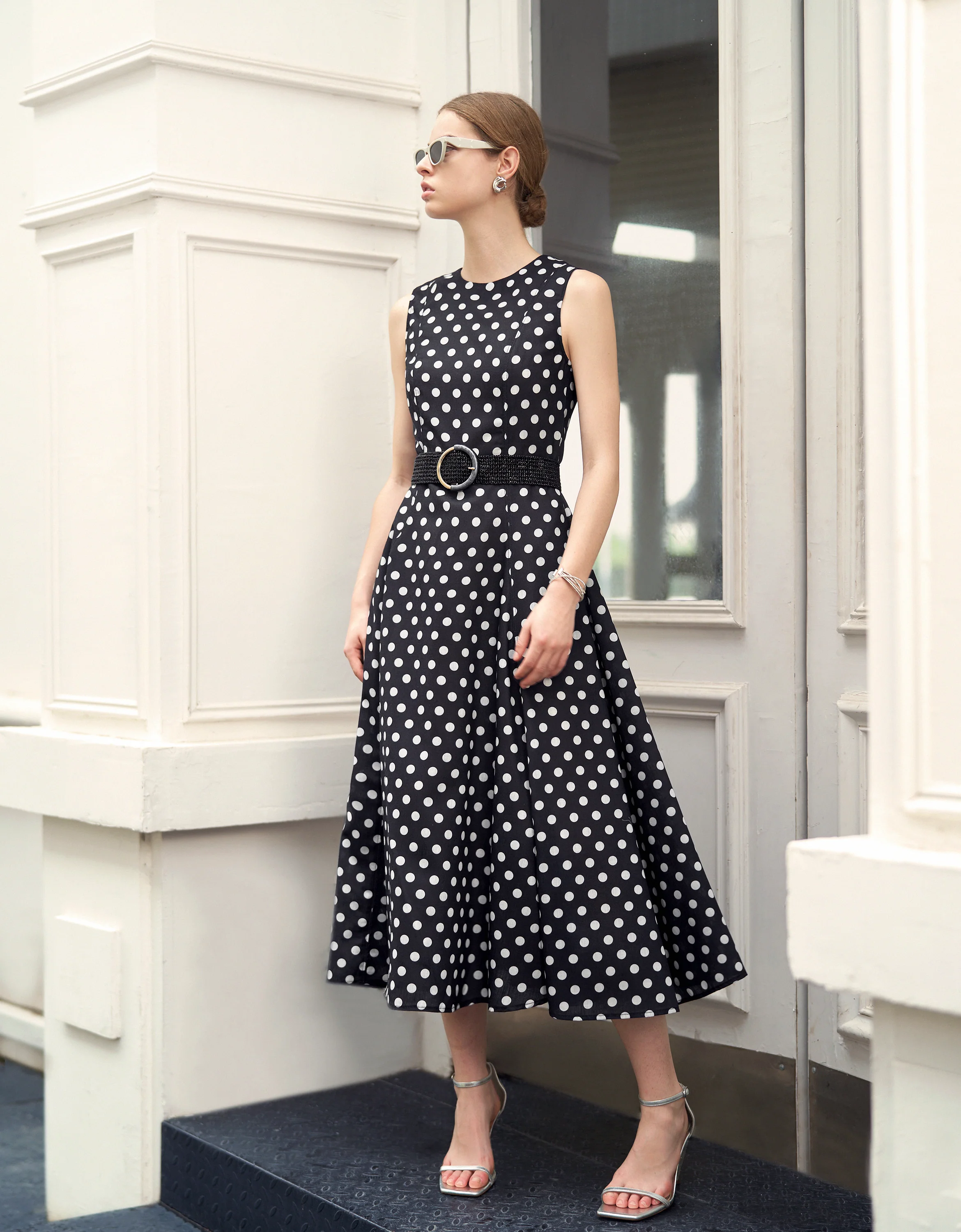 Polka Dot Round Neck Sleeveless Dress - Image 6