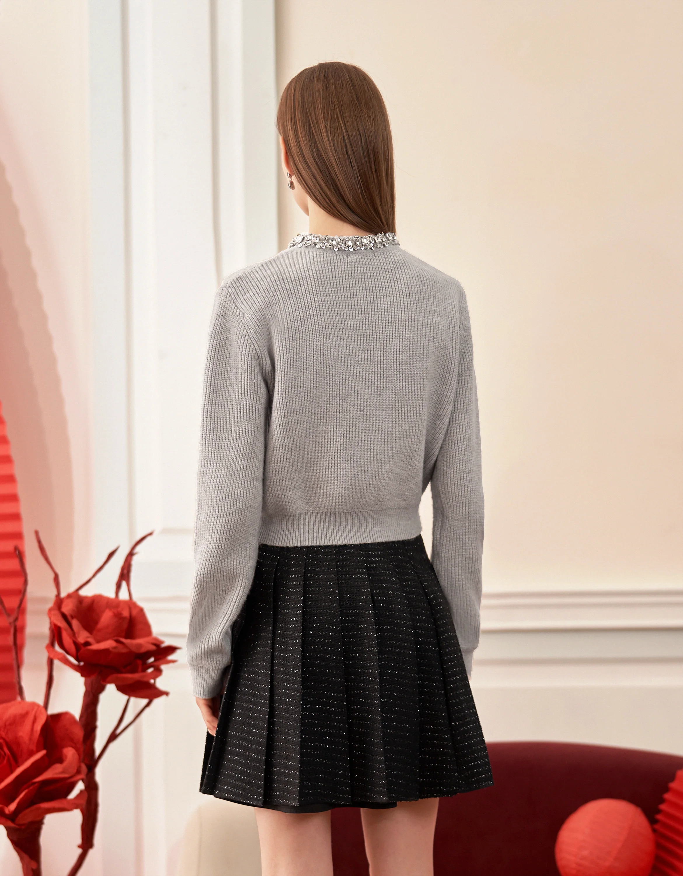 Rhinestone Collar Long Sleeve Knitted Cardigan - Image 3