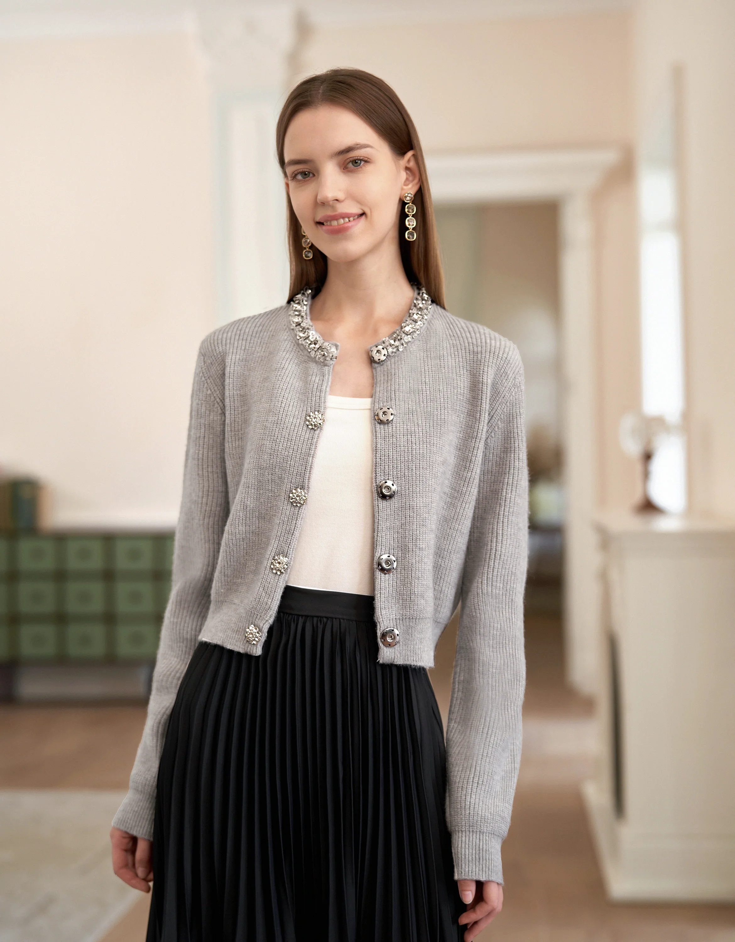 Rhinestone Collar Long Sleeve Knitted Cardigan - Image 5