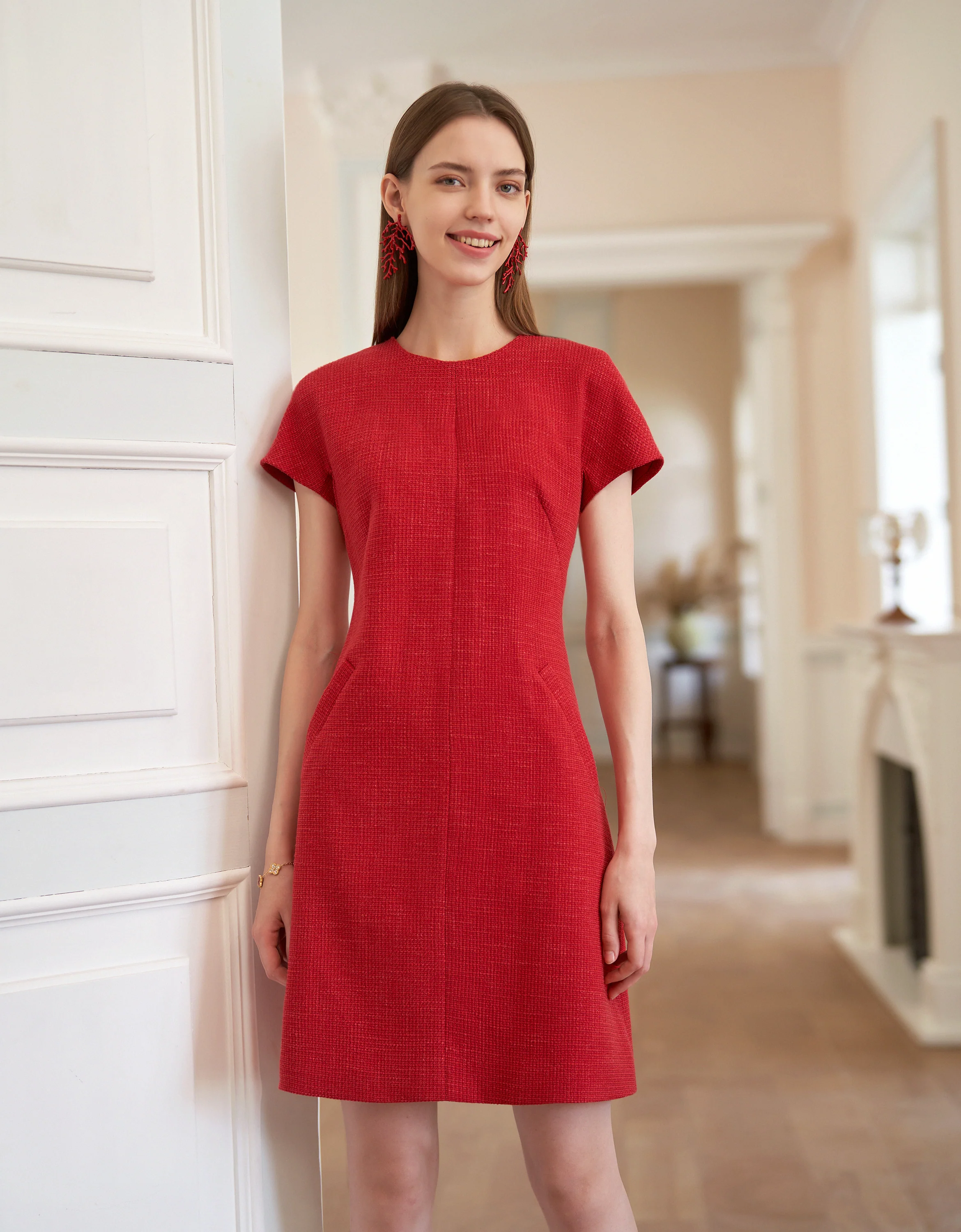 Round Neck Short Sleeve Tweed Dress