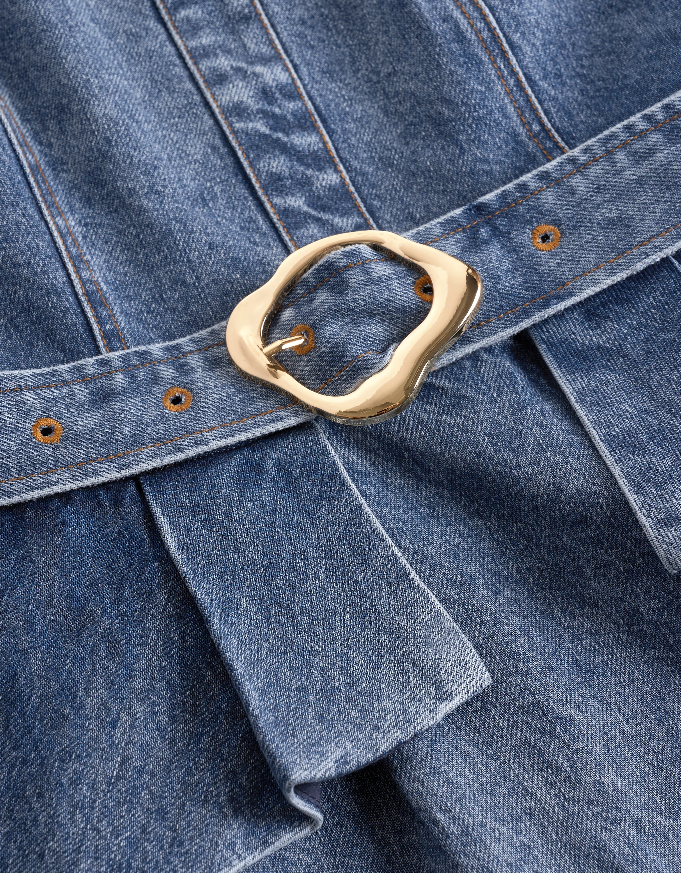 Ruffled Detail Square Neck Denim Dress - Image 6