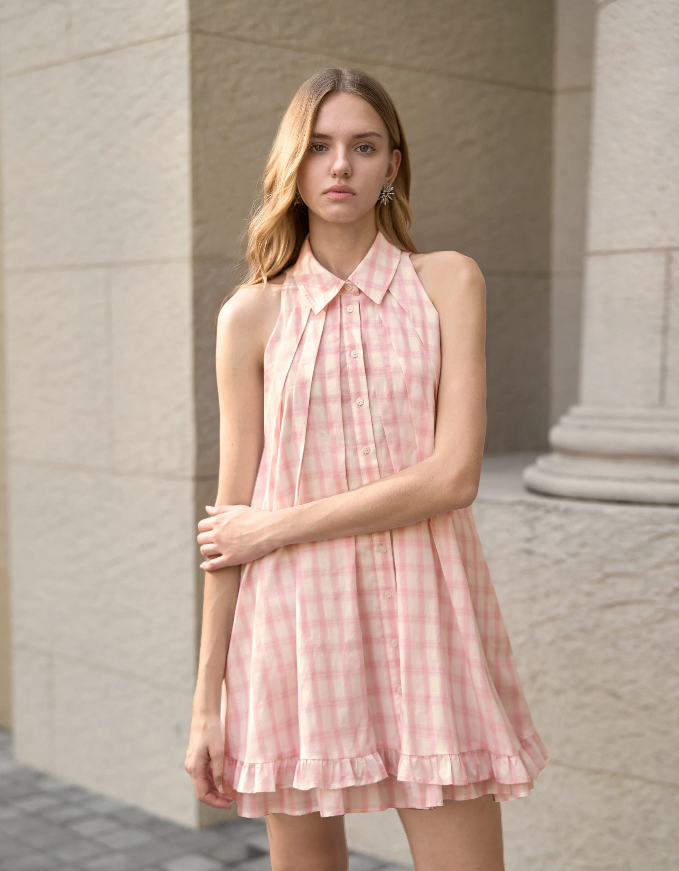 Ruffled Hem Pleated Plaid Dress - Image 2