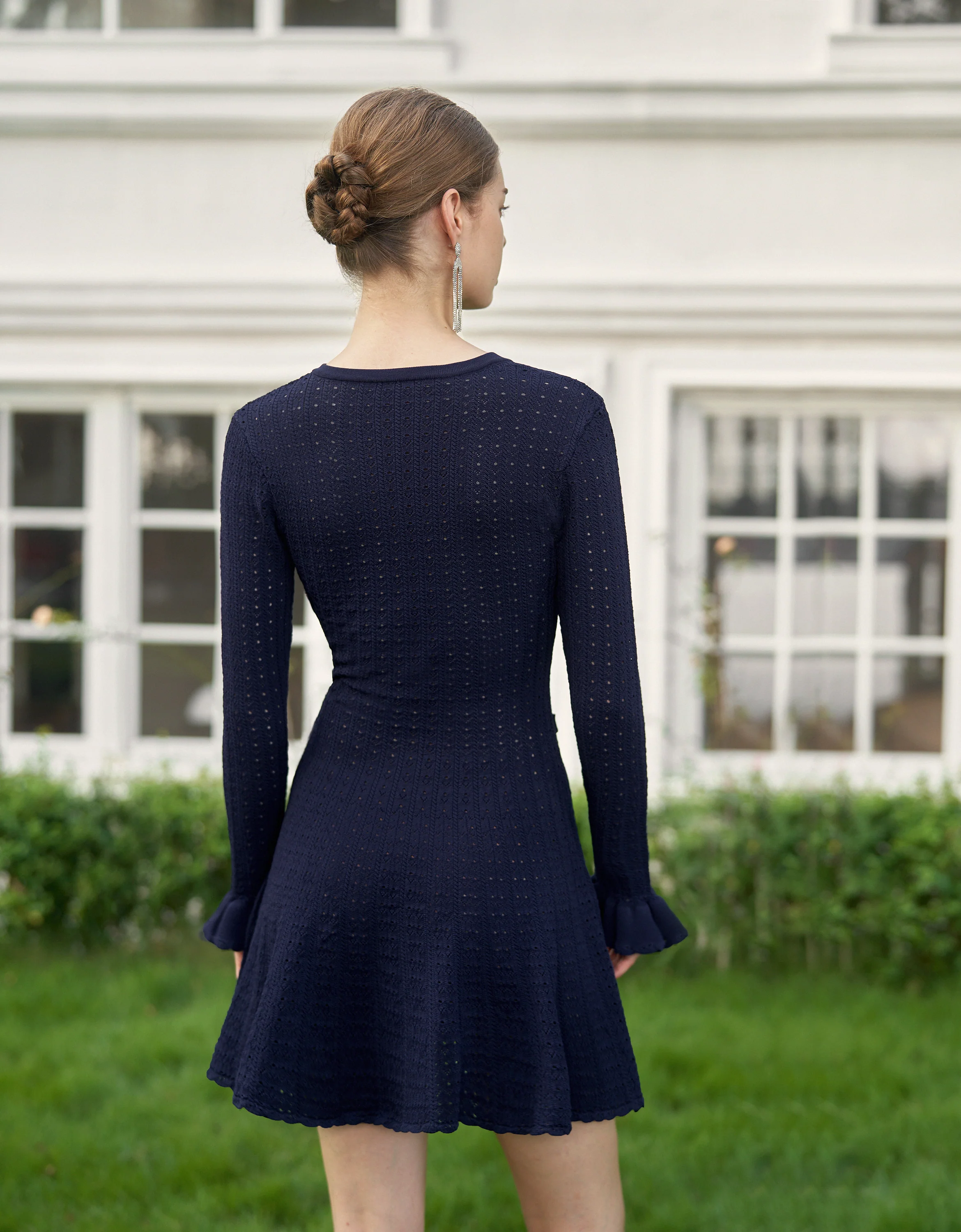 Ruffled Long Sleeve Hollow Knit Dress - Image 3