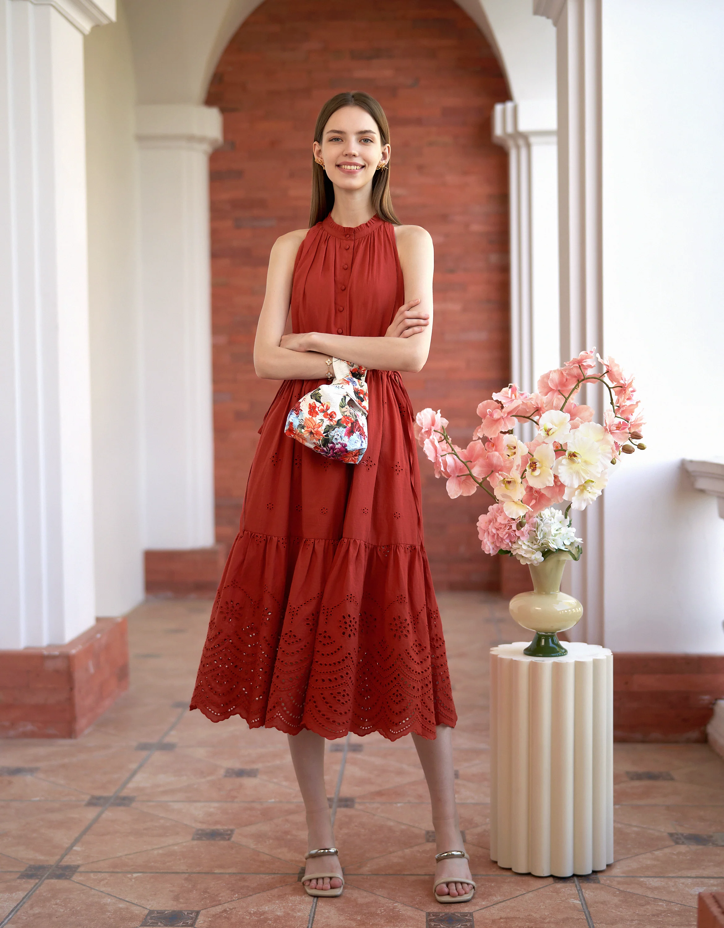Ruffled Neck Sleeveless Embroidered Dress - Image 12