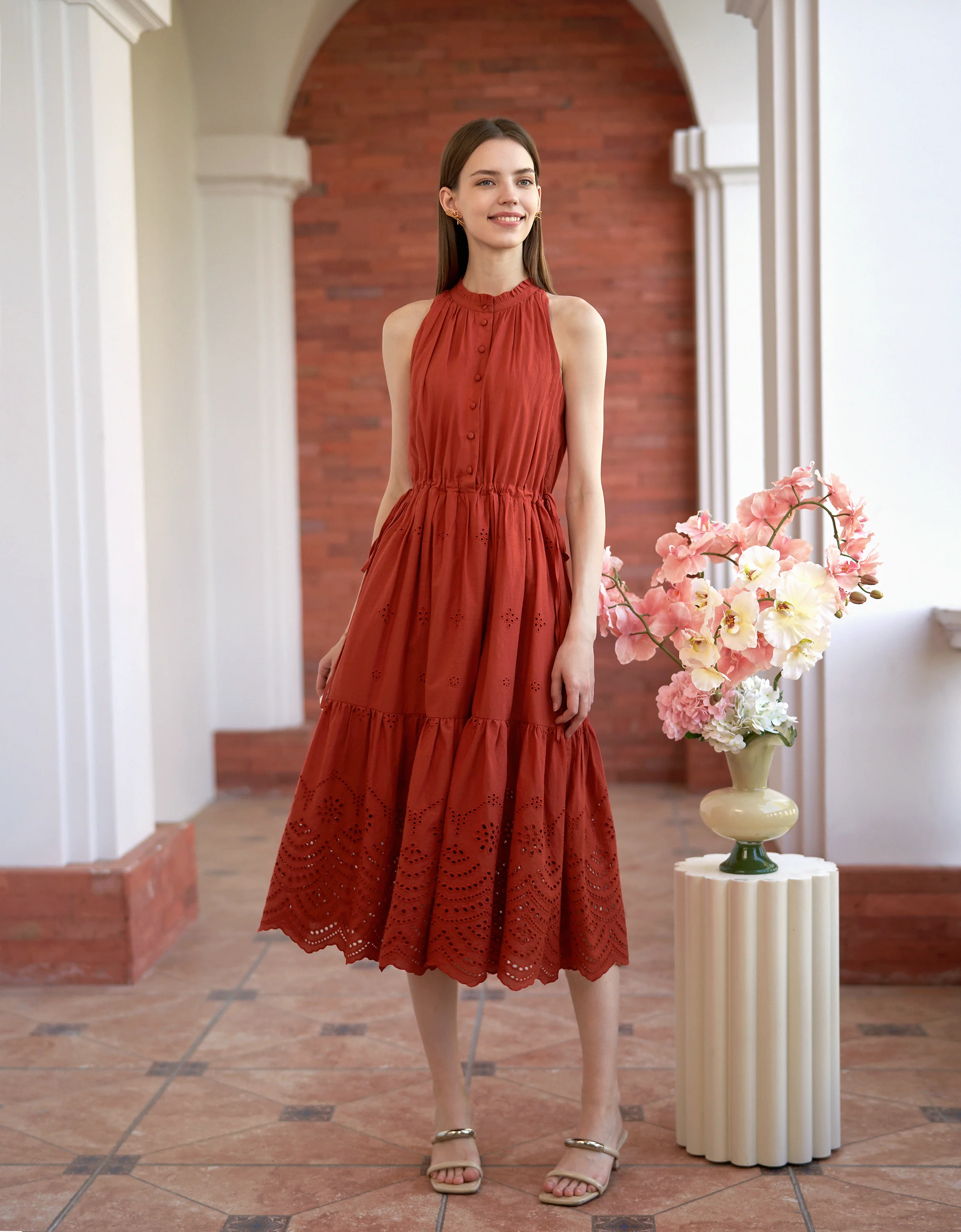 Ruffled Neck Sleeveless Embroidered Dress - Image 13