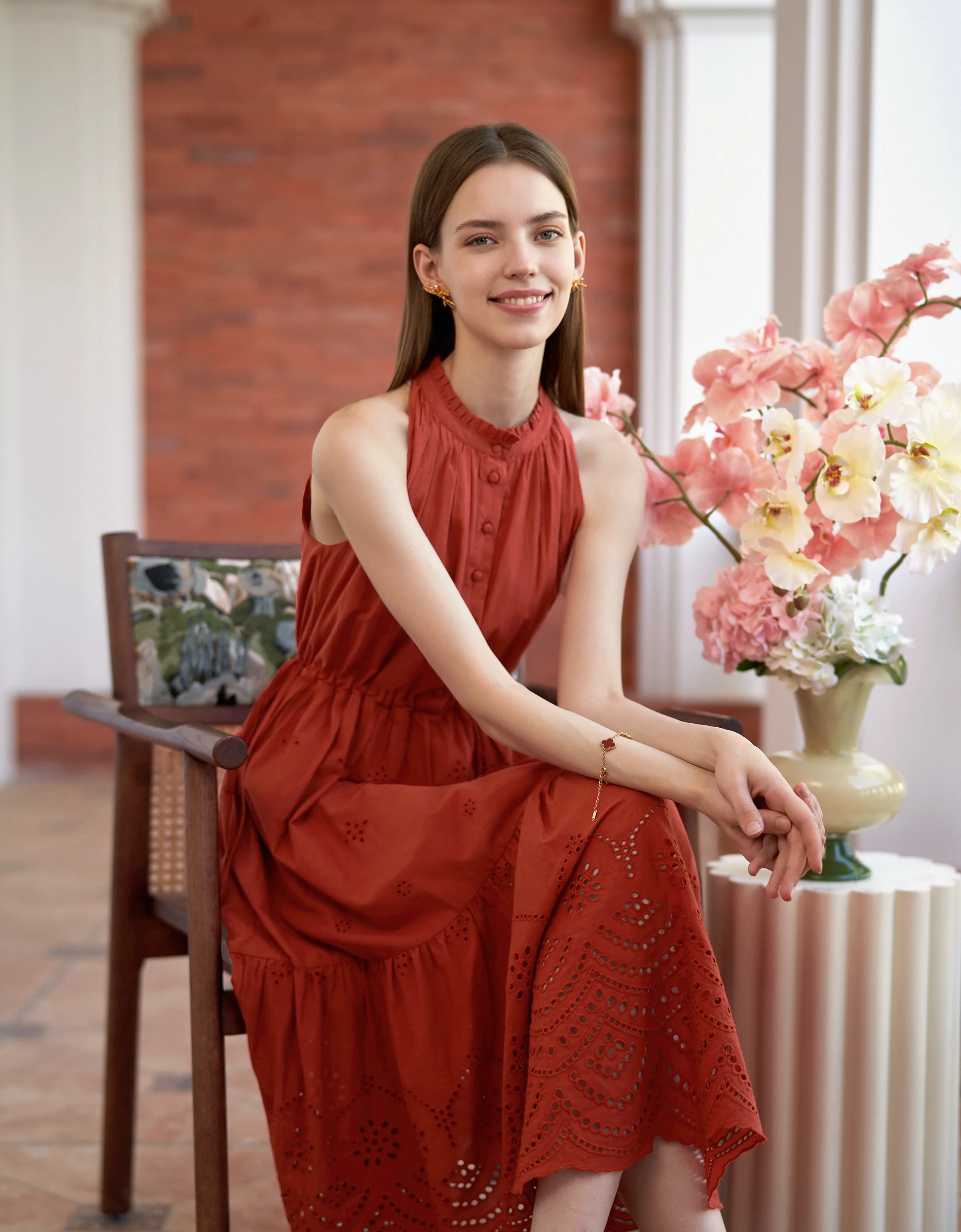 Ruffled Neck Sleeveless Embroidered Dress - Image 14