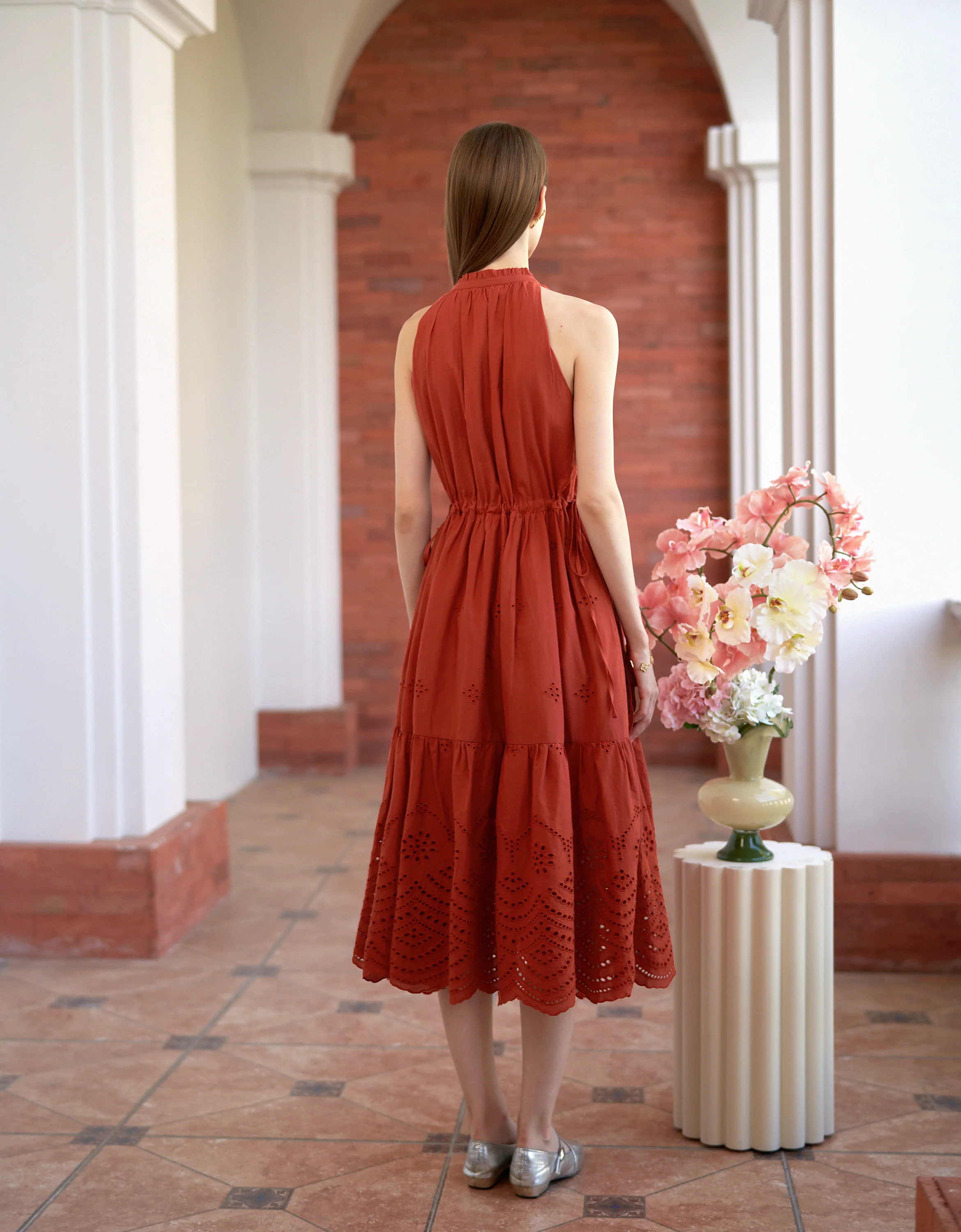 Ruffled Neck Sleeveless Embroidered Dress - Image 15
