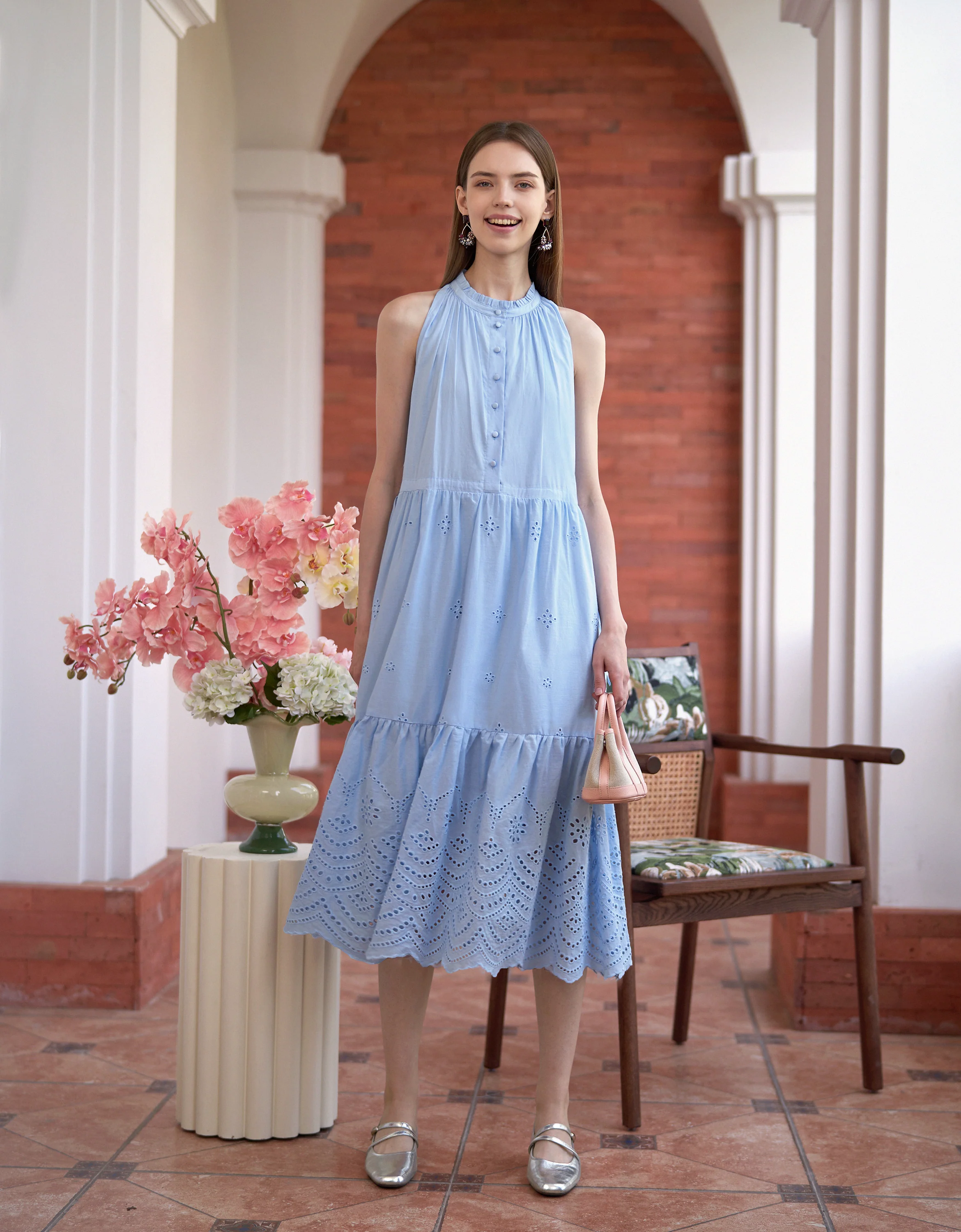 Ruffled Neck Sleeveless Embroidered Dress - Image 20