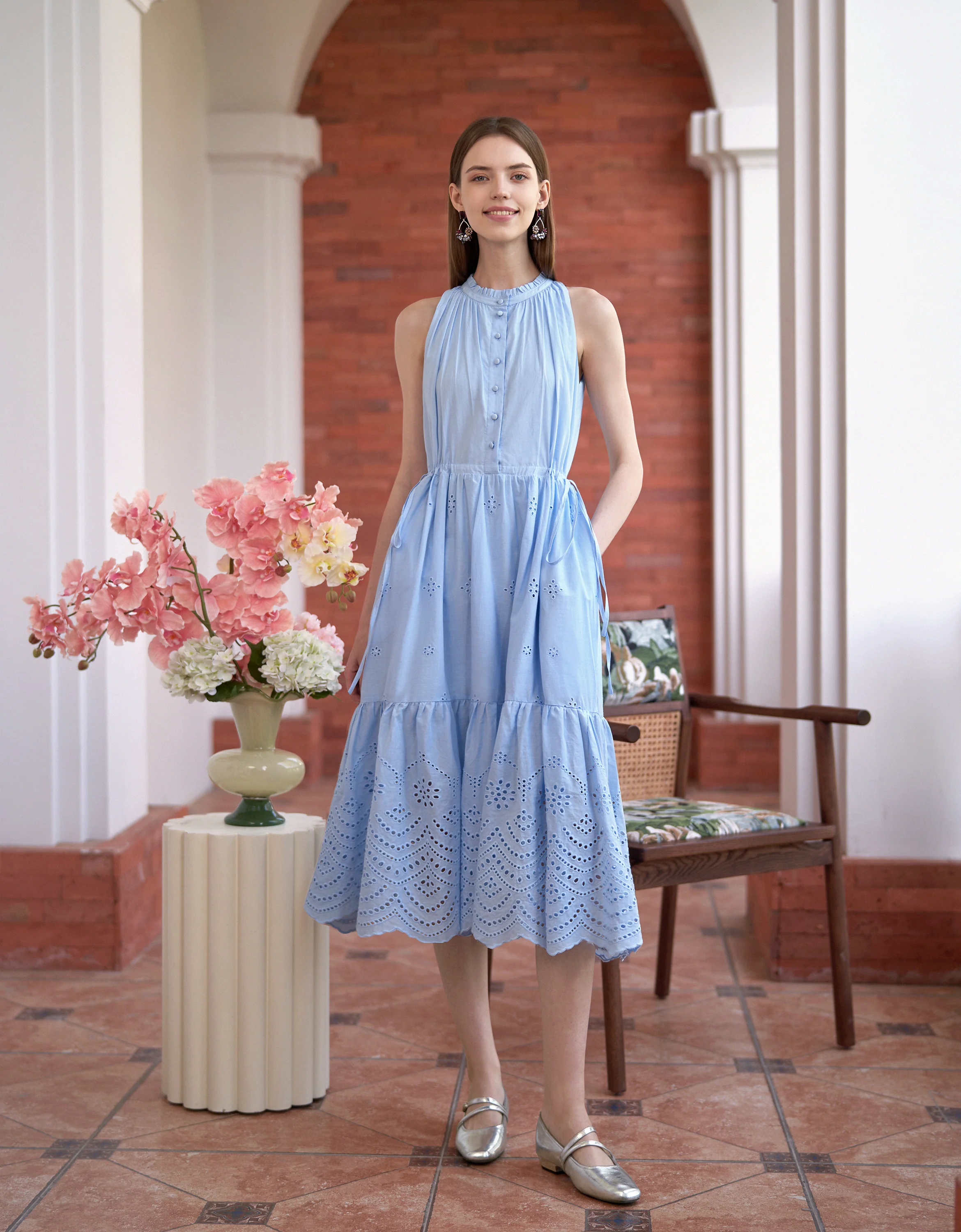 Ruffled Neck Sleeveless Embroidered Dress - Image 21
