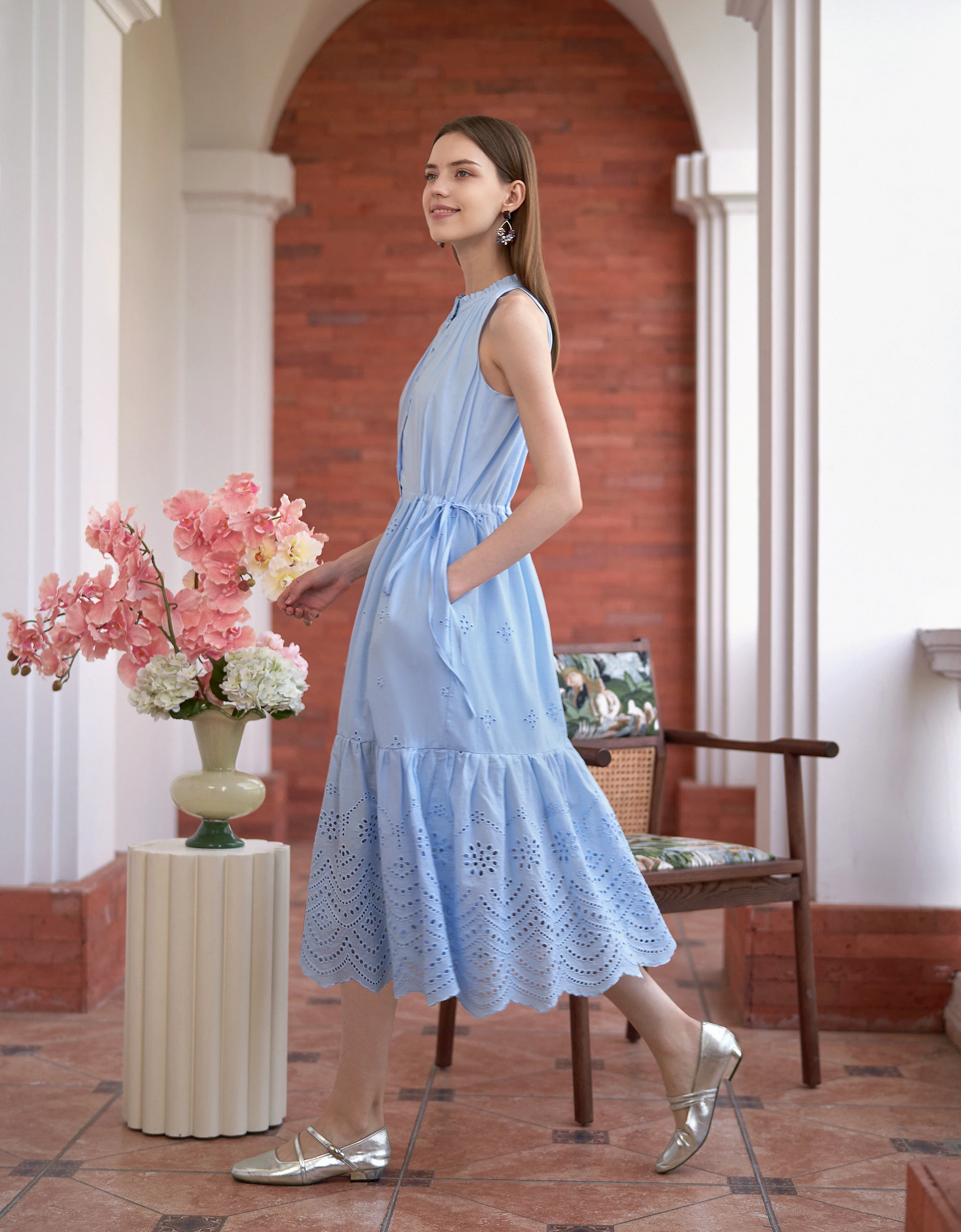 Ruffled Neck Sleeveless Embroidered Dress - Image 22