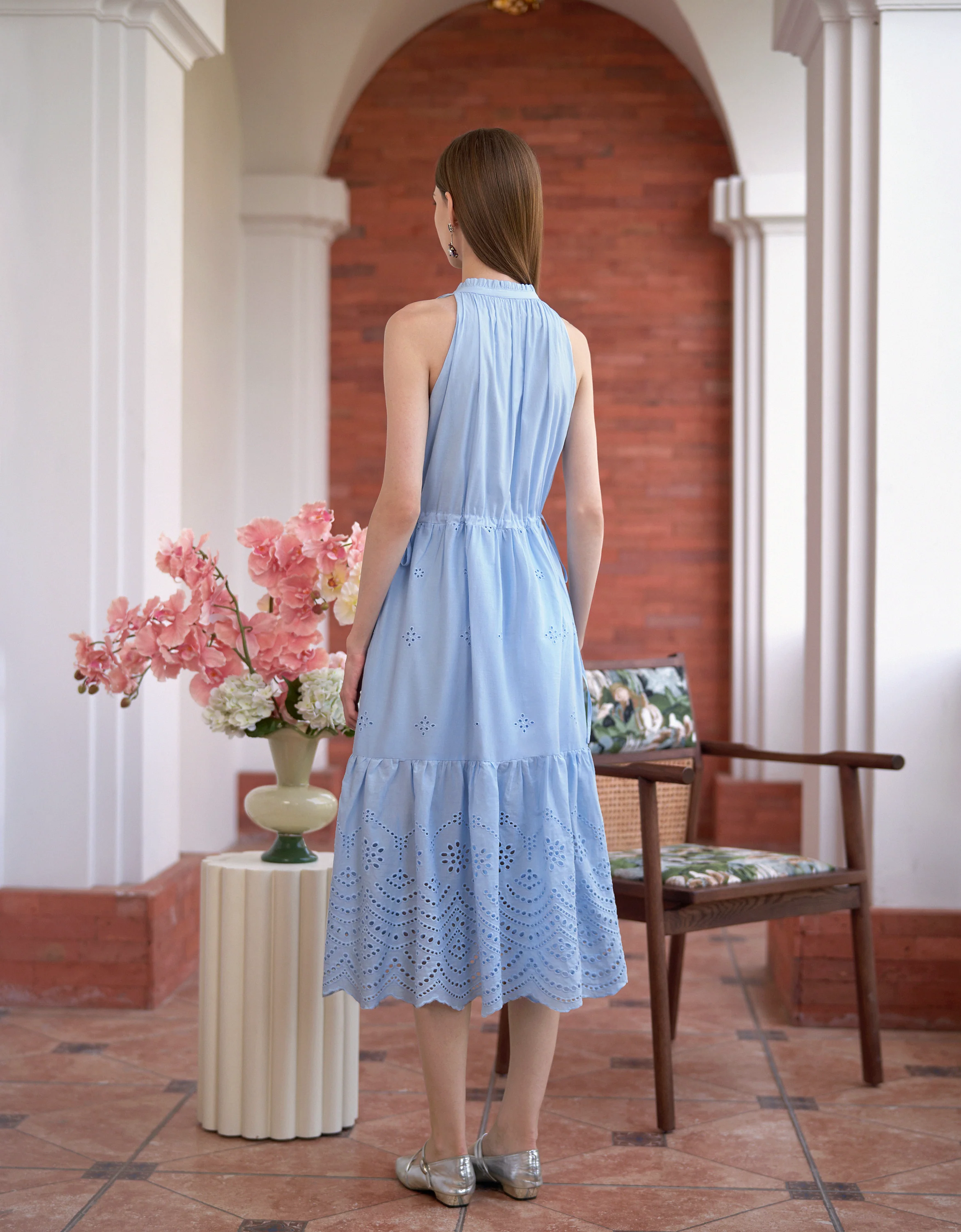 Ruffled Neck Sleeveless Embroidered Dress - Image 23