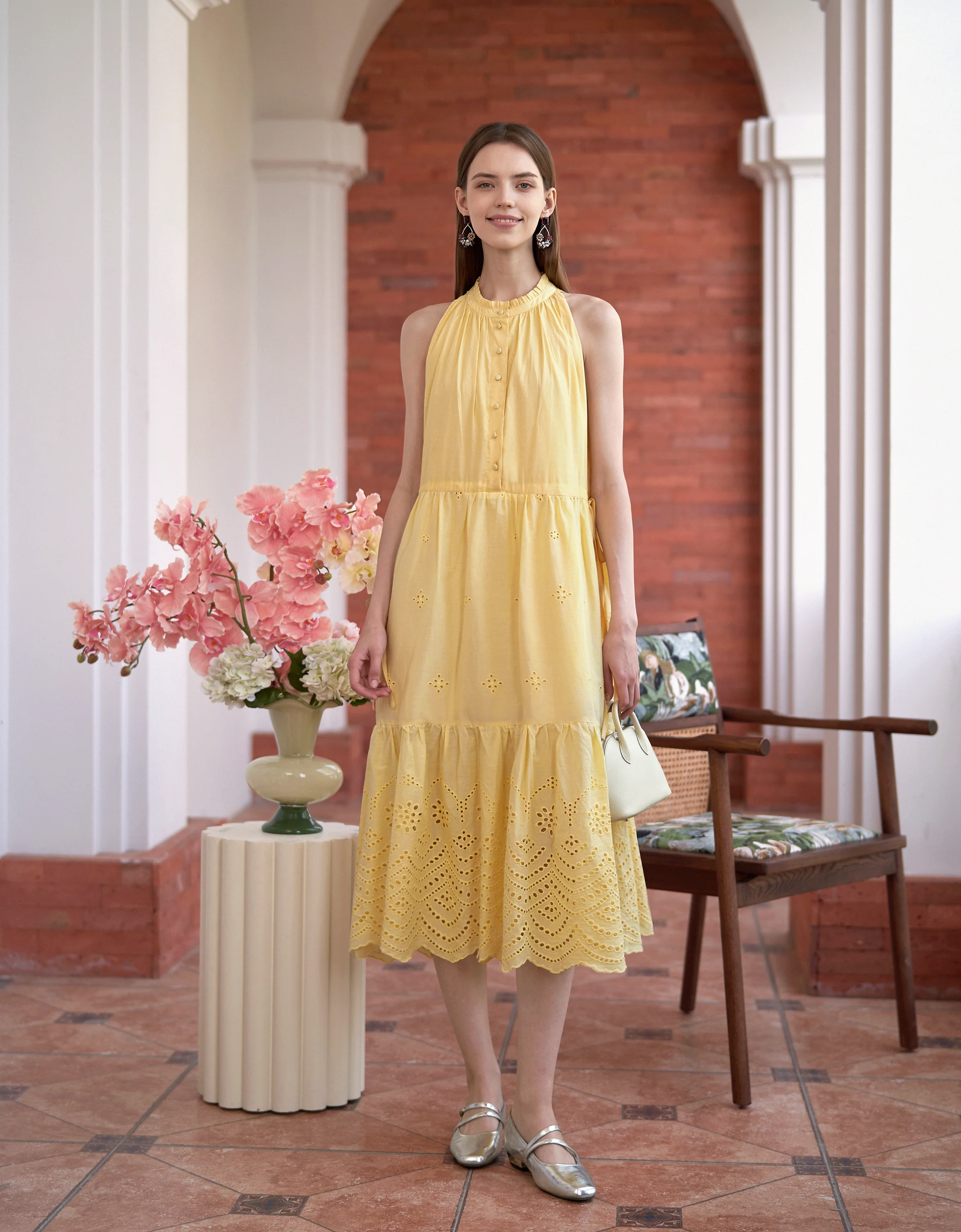 Ruffled Neck Sleeveless Embroidered Dress - Image 4