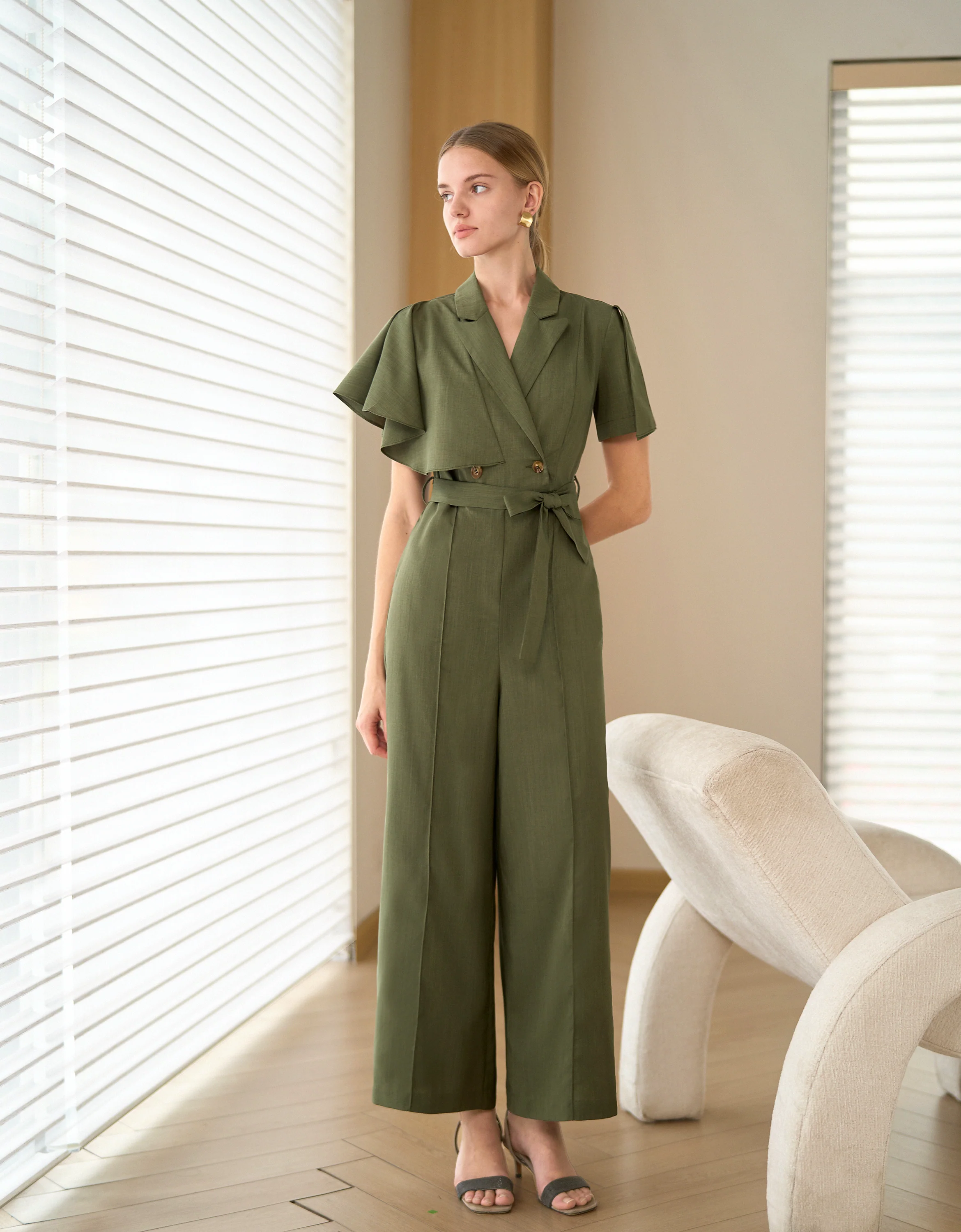 Ruffled Sleeve Double-breasted Wide Leg Jumpsuit