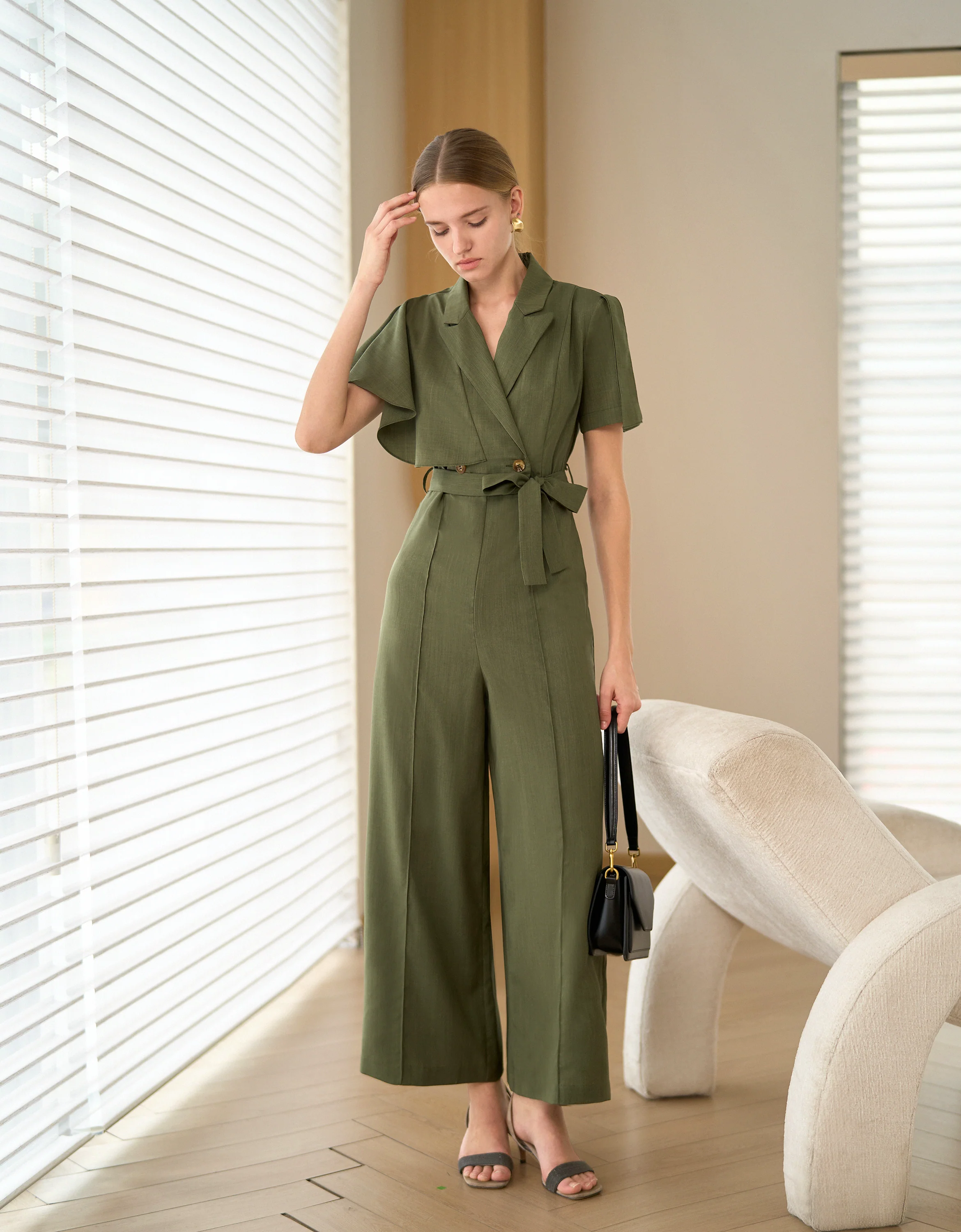 Ruffled Sleeve Double-breasted Wide Leg Jumpsuit - Image 2