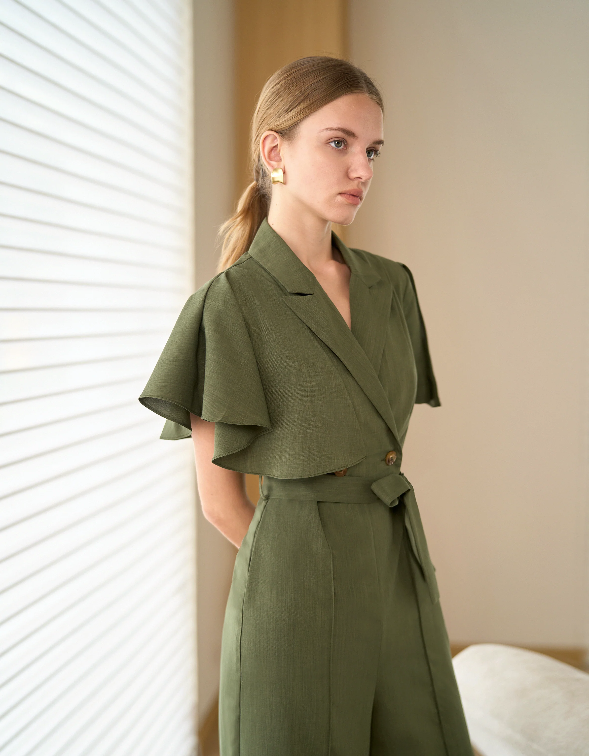 Ruffled Sleeve Double-breasted Wide Leg Jumpsuit - Image 3