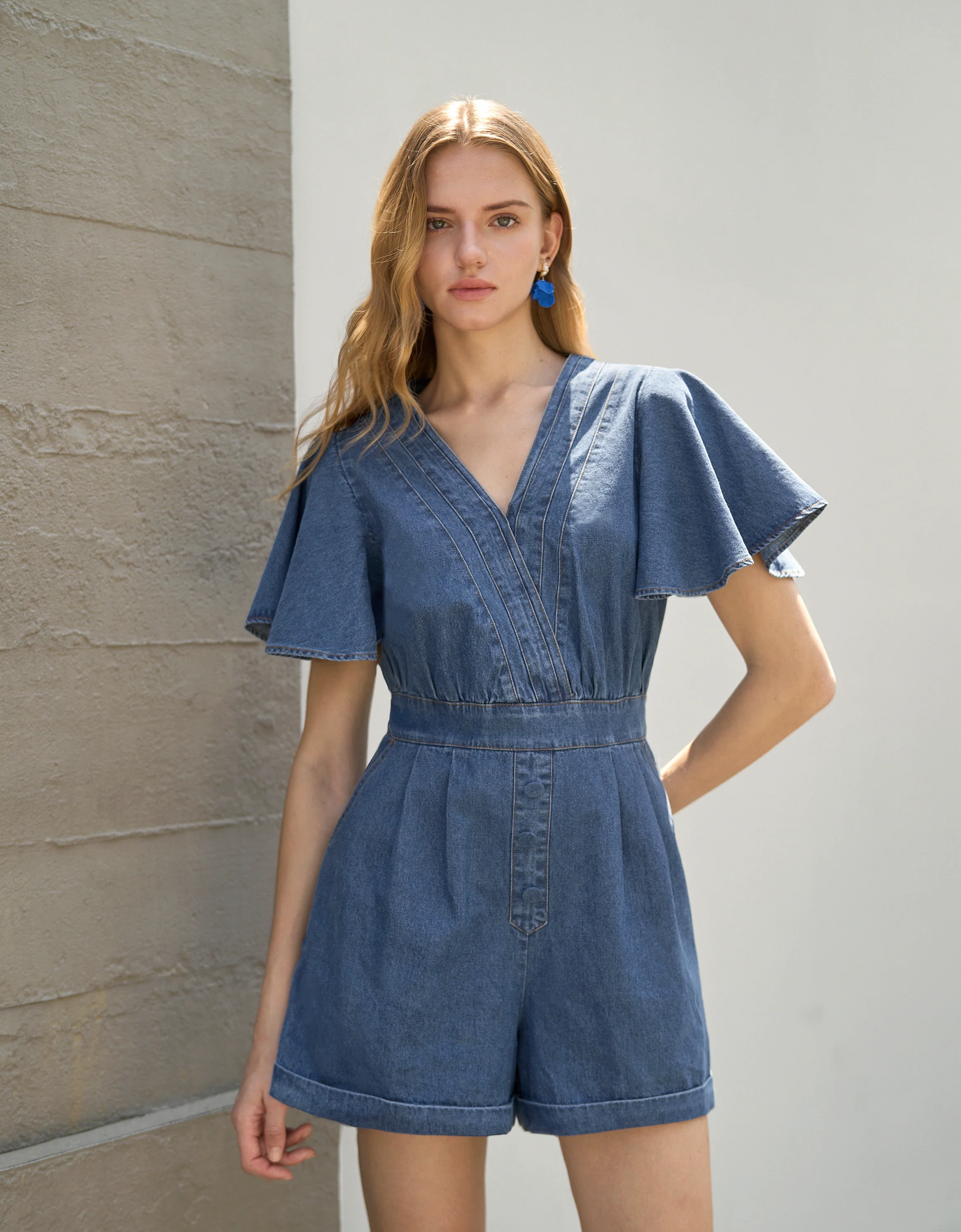 Ruffled Sleeve V-neck Romper