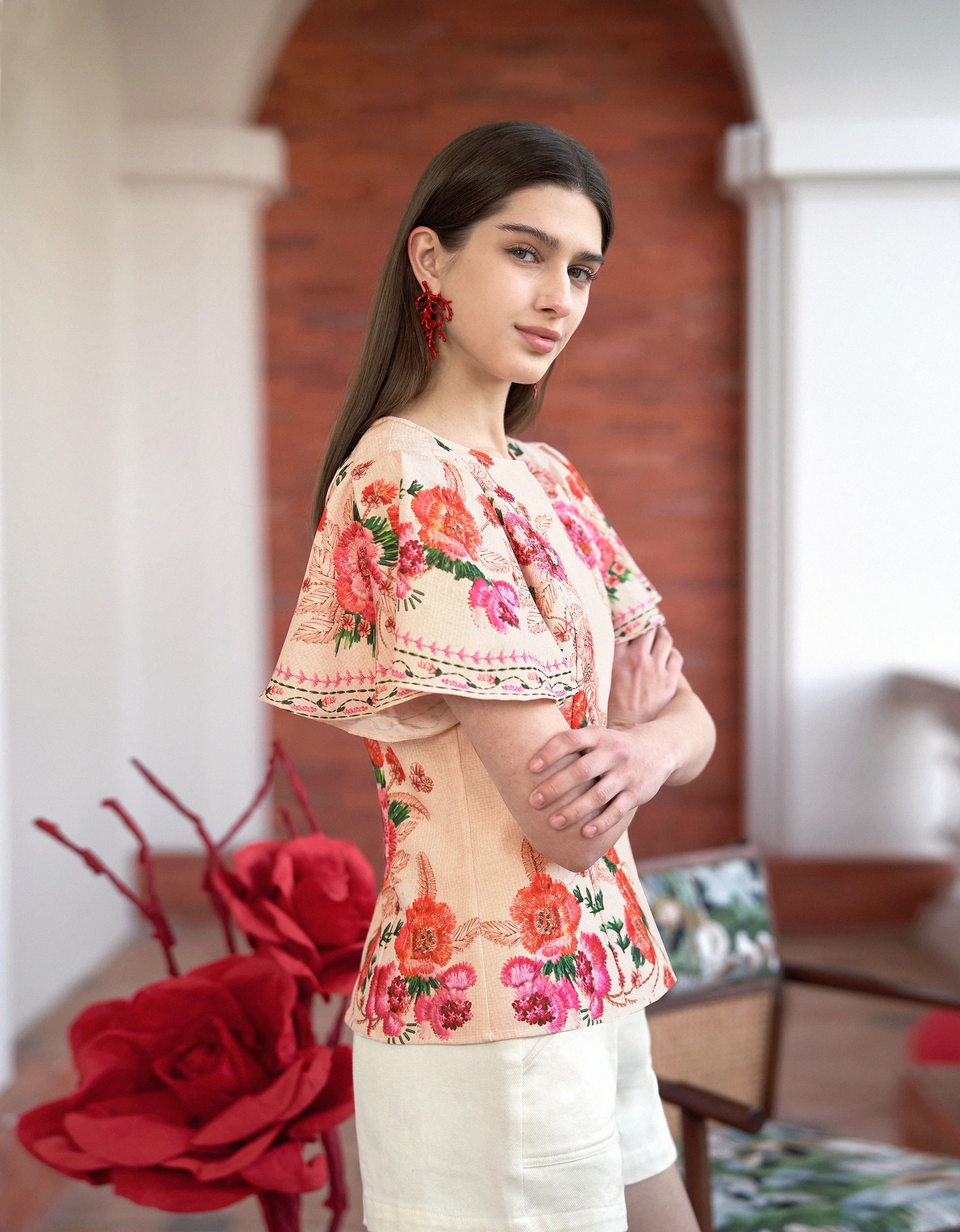 Ruffled Sleeves Round Neck Floral Top - Image 4