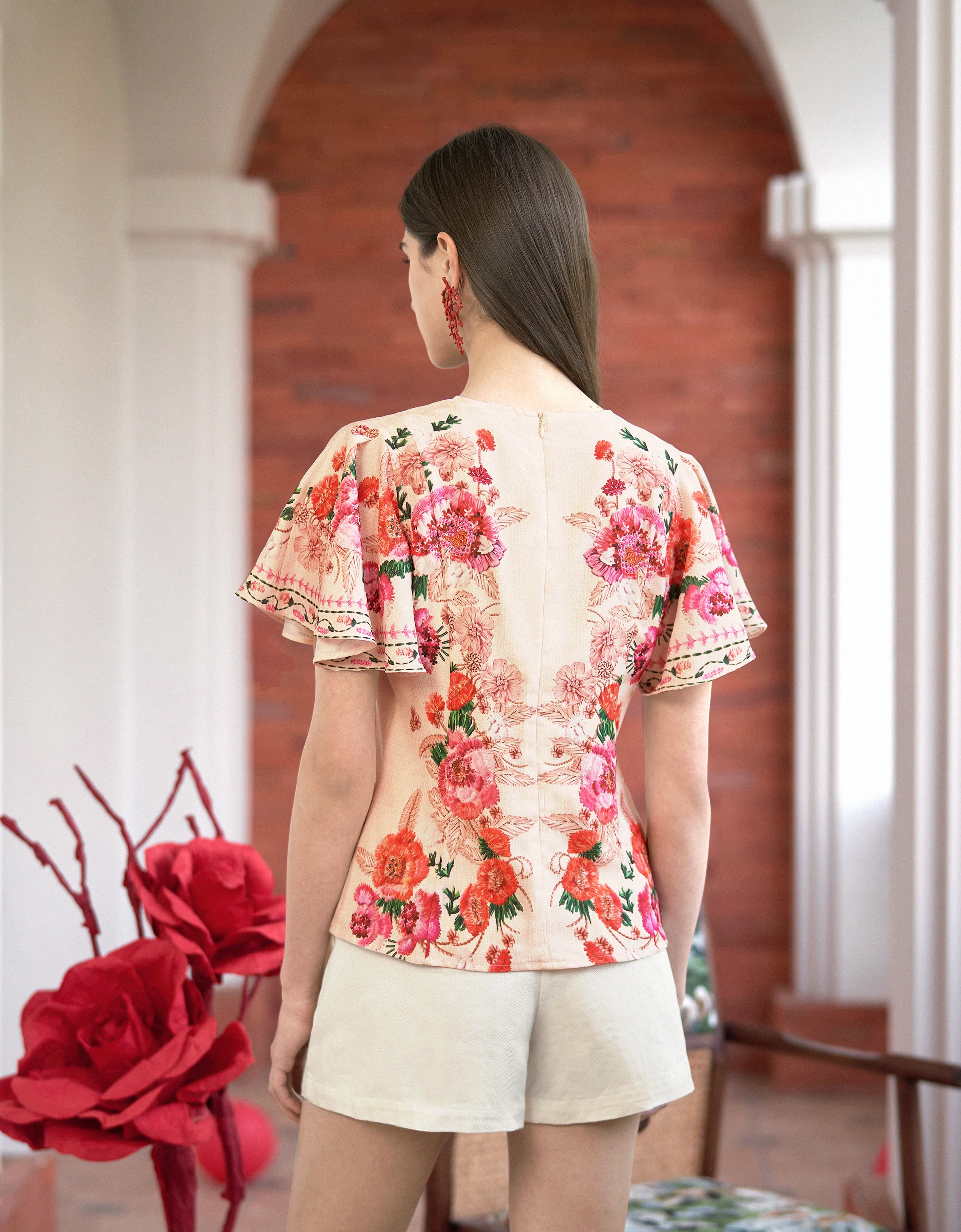 Ruffled Sleeves Round Neck Floral Top - Image 5
