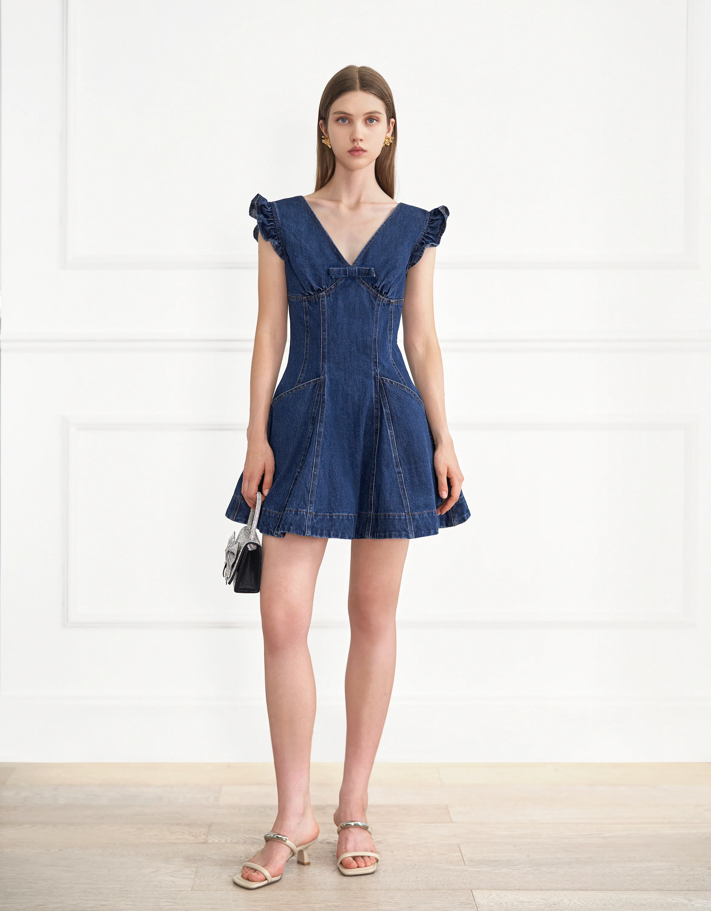 Ruffled Sleeves V-neck Denim Short Dress - Image 4