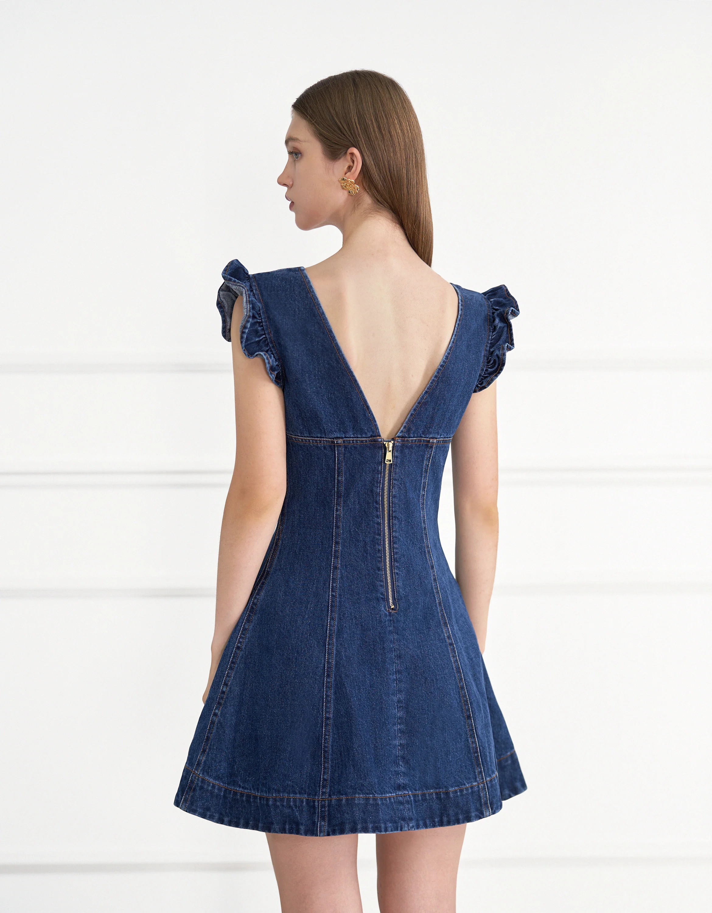 Ruffled Sleeves V-neck Denim Short Dress - Image 5