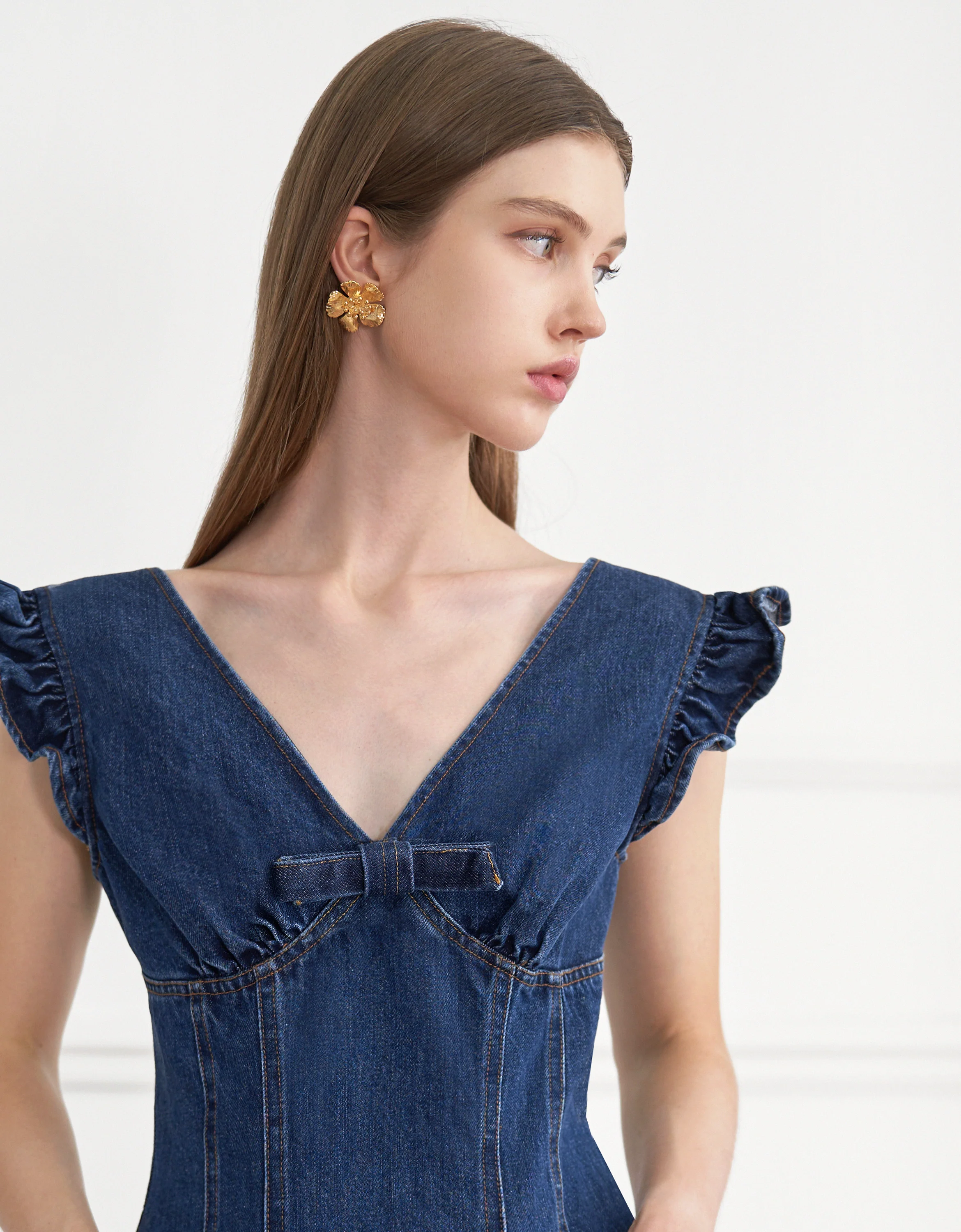 Ruffled Sleeves V-neck Denim Short Dress - Image 6