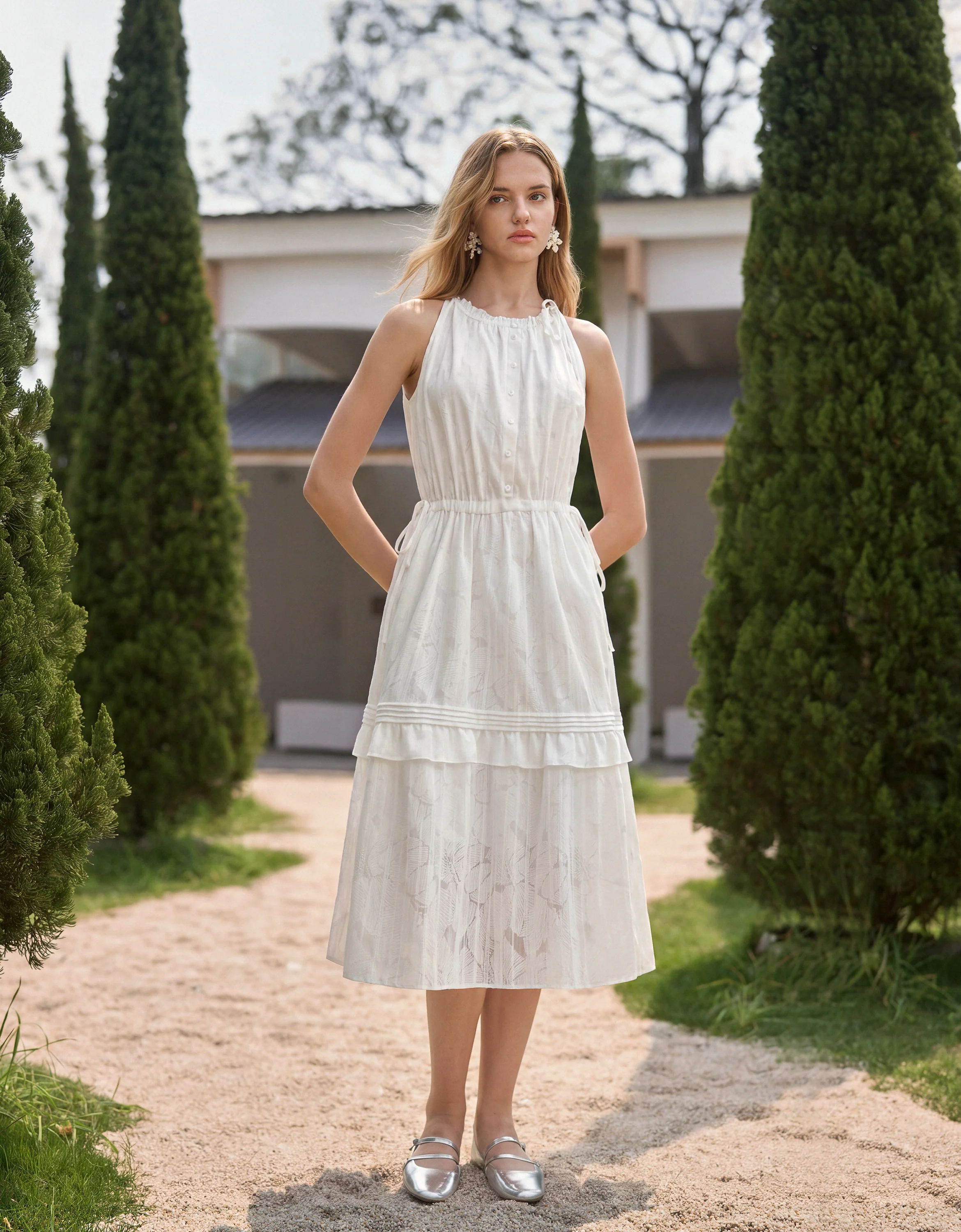 Ruffled Trim Drawstring Waist Halterneck Dress