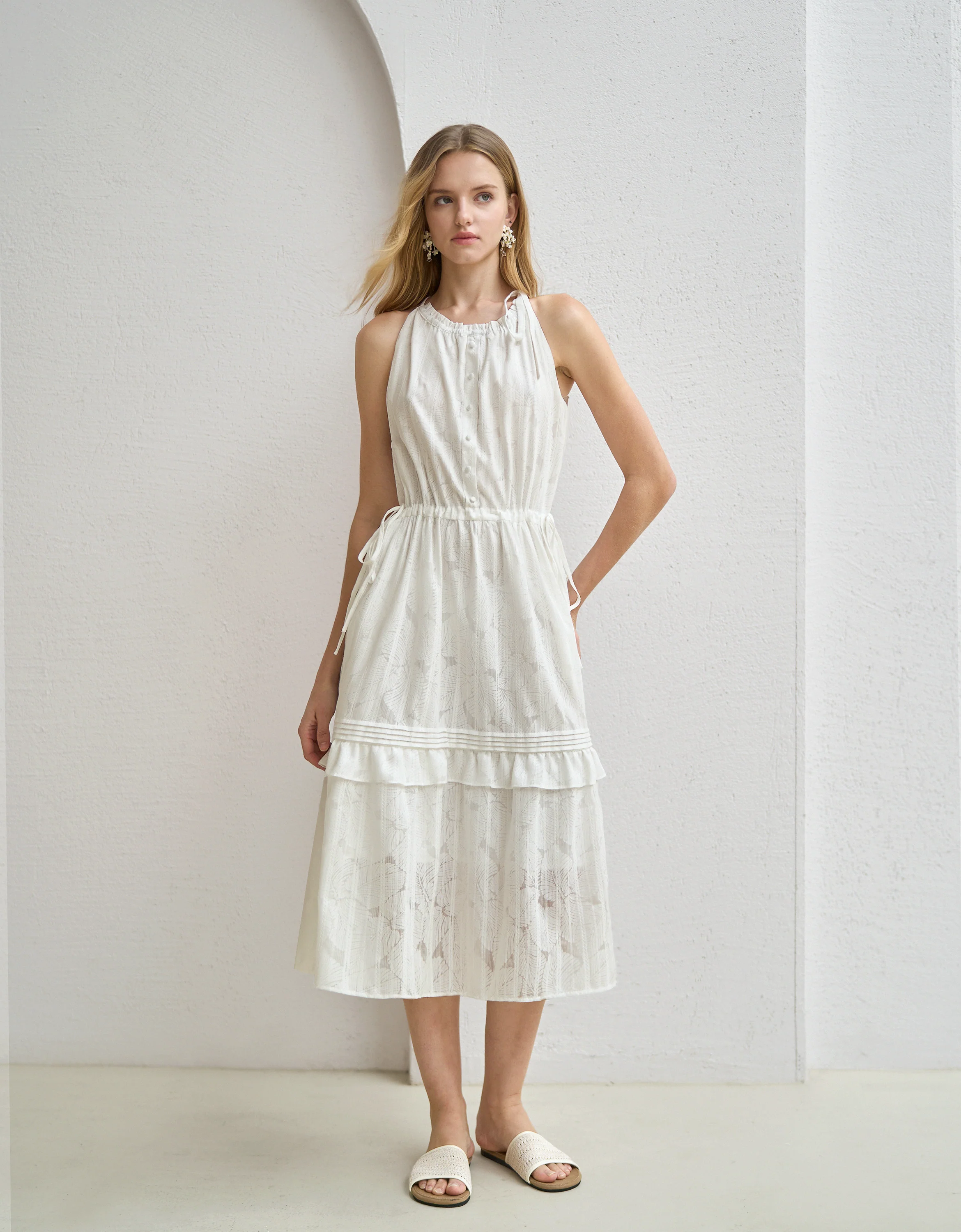 Ruffled Trim Drawstring Waist Halterneck Dress - Image 2