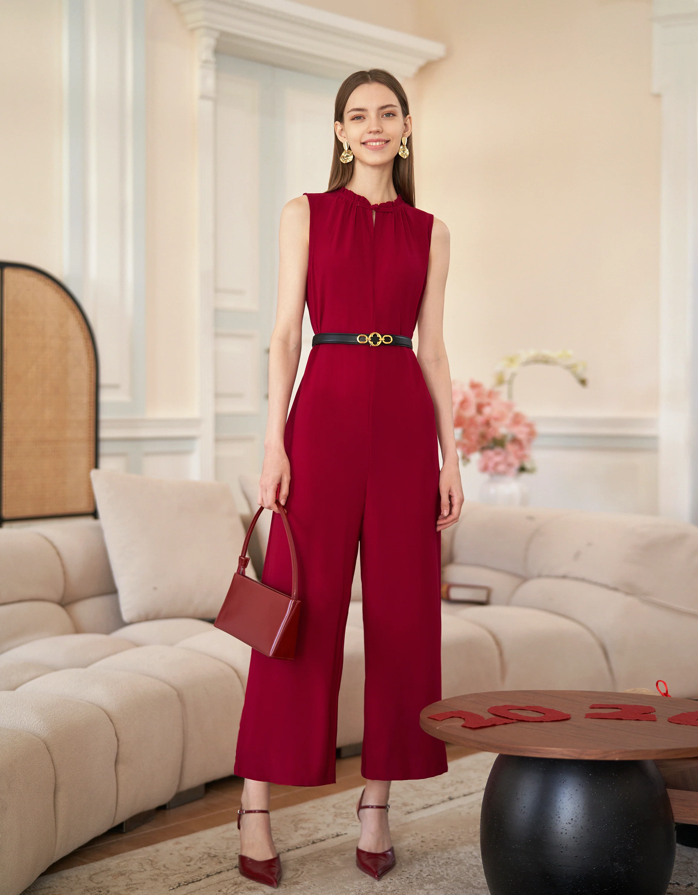 Ruffled Trim Waist Tie Sleeveless Jumpsuit - Image 11