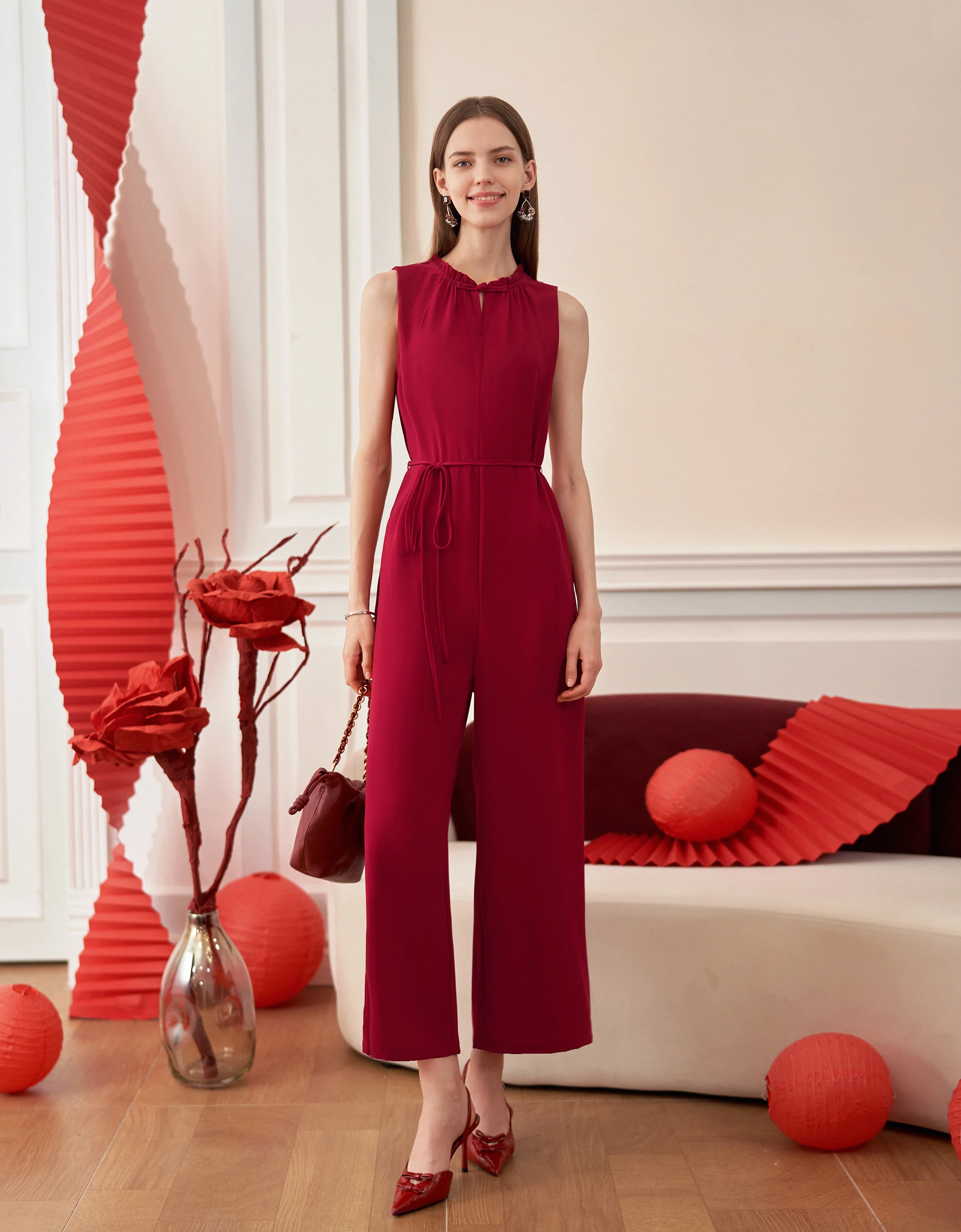 Ruffled Trim Waist Tie Sleeveless Jumpsuit - Image 9