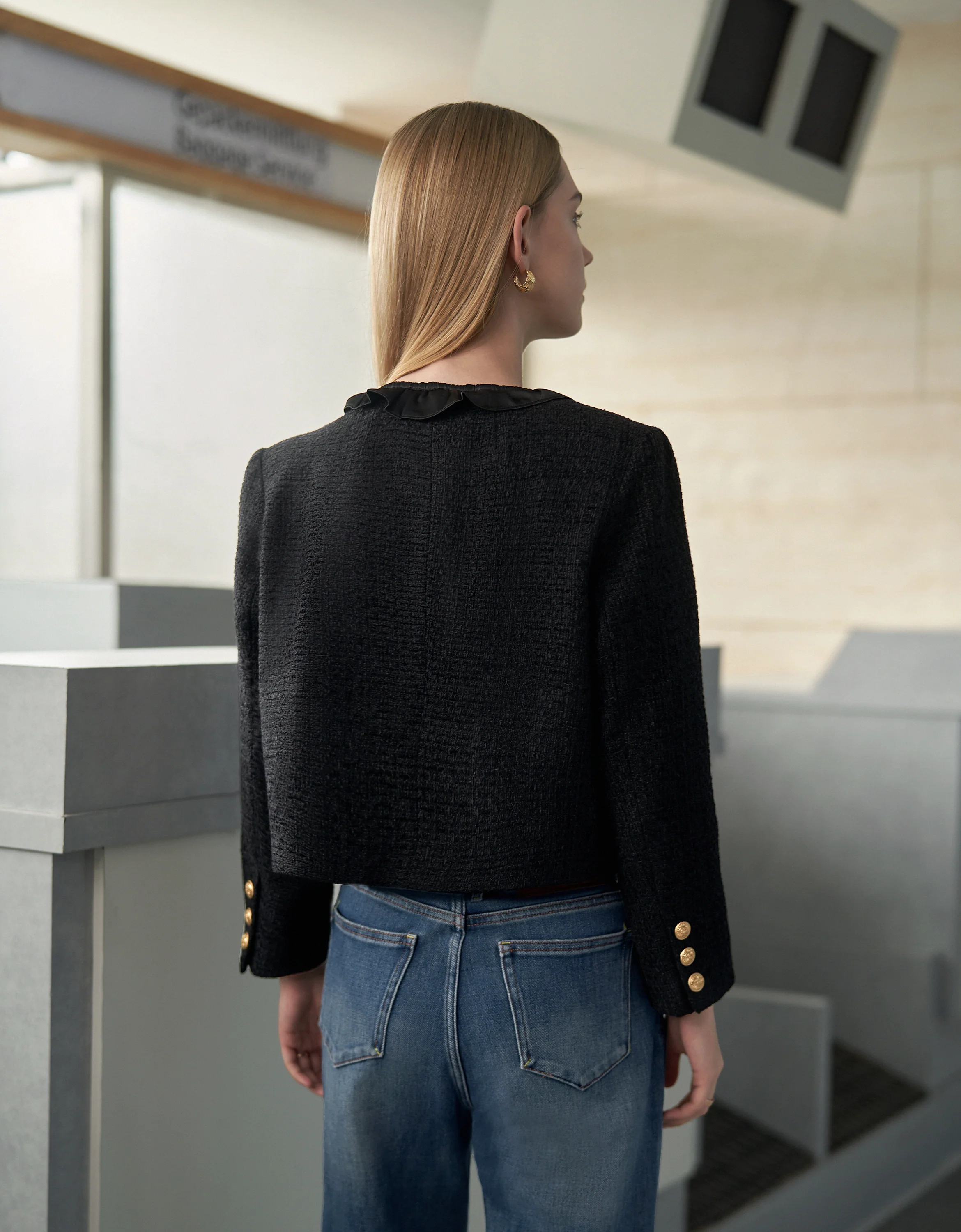 Ruffled Trims Button Front Tweed Jacket - Image 6