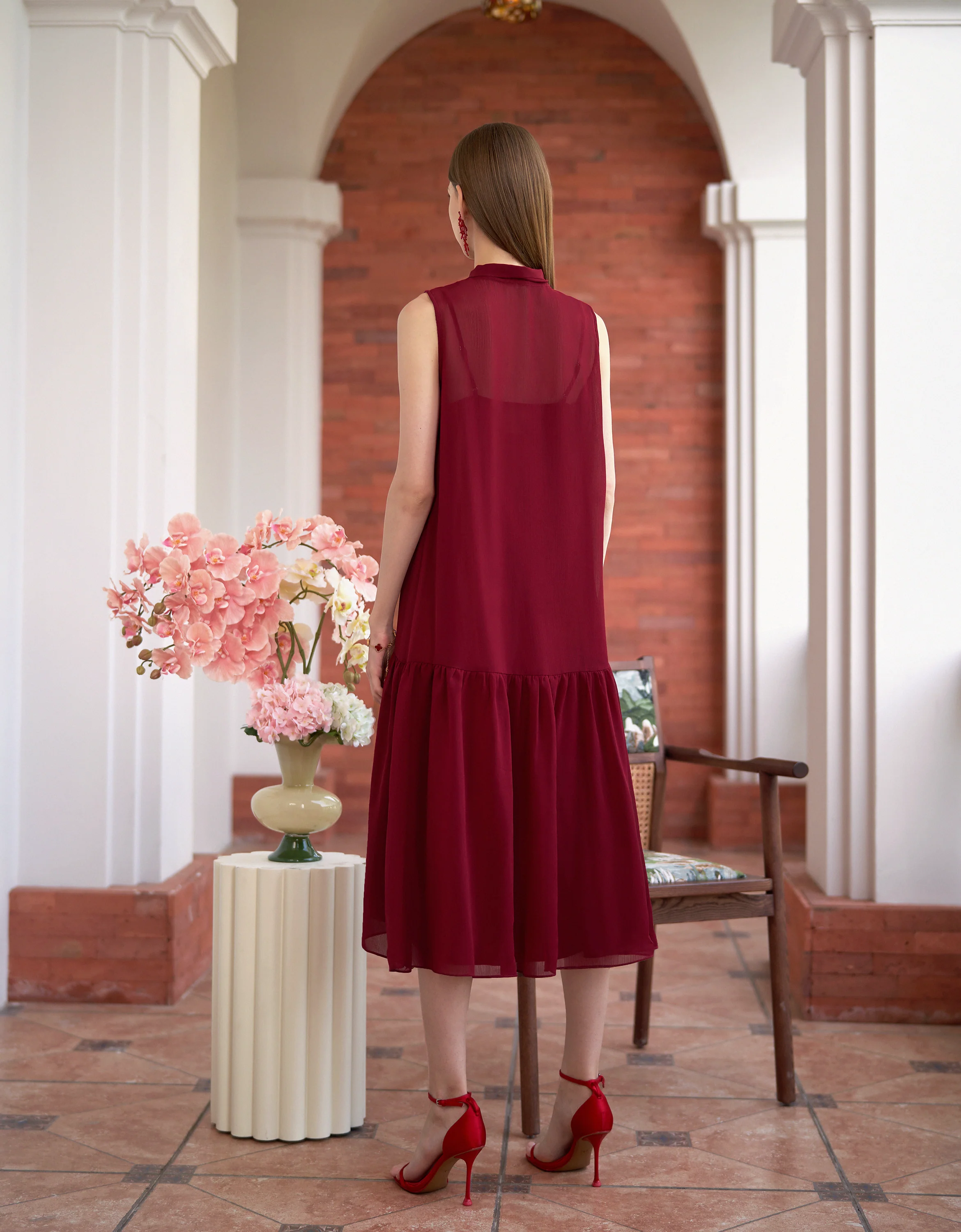 Scarf Collar V-neck Chiffon Dress - Image 11